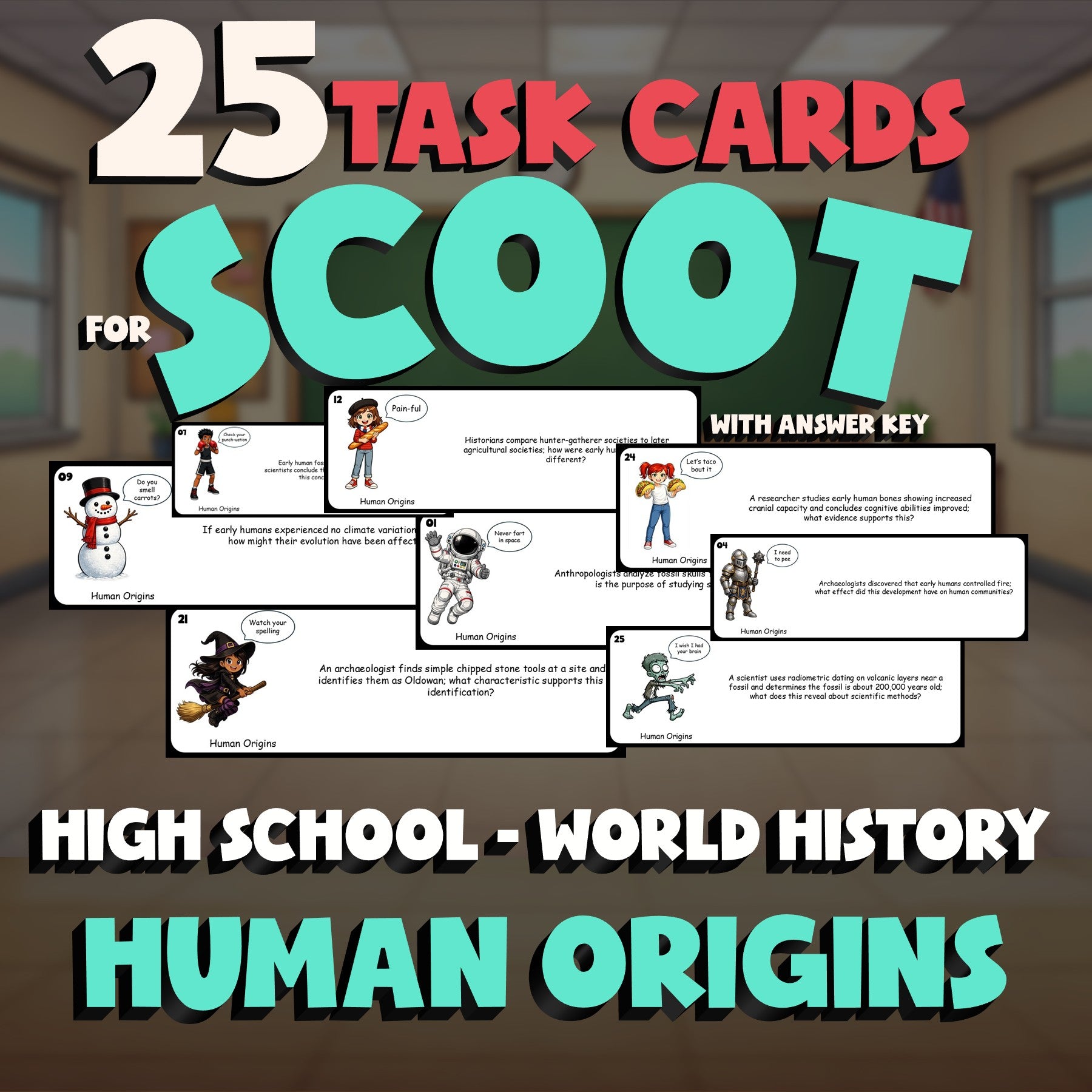Human Origins SCOOT TASK CARDS Game - No Prep World History Review Activity
