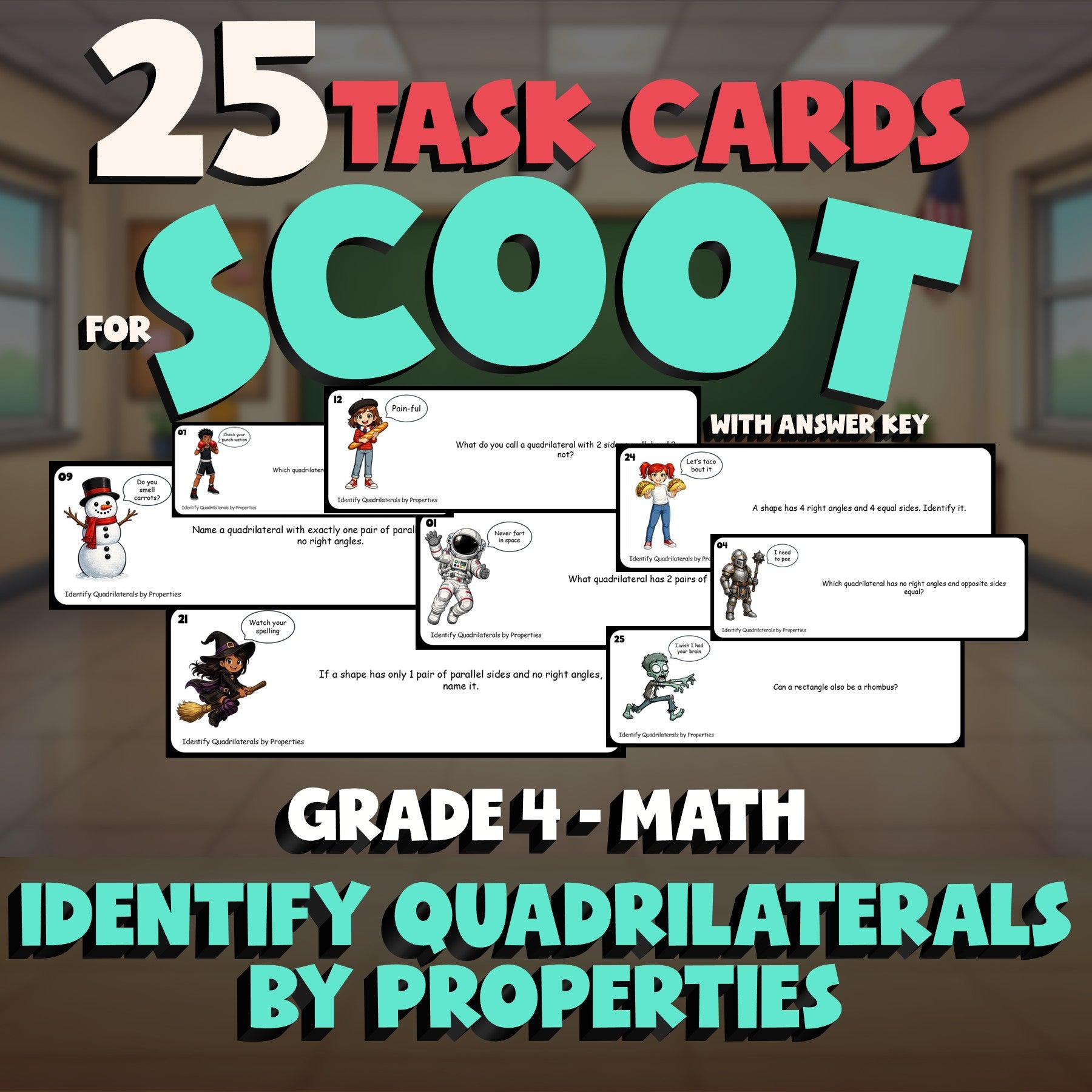 Identify Quadrilaterals by Properties SCOOT TASK CARDS Math Game - Grade 4