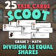 Division as Equal Shares SCOOT TASK CARDS Math Game - No Prep Grade 3 Review