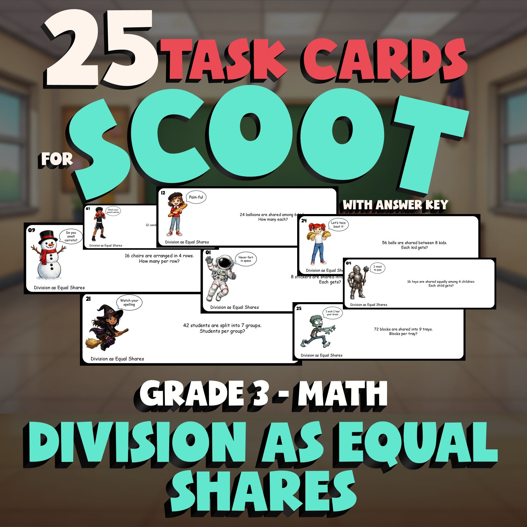 Division as Equal Shares SCOOT TASK CARDS Math Game - No Prep Grade 3 Review