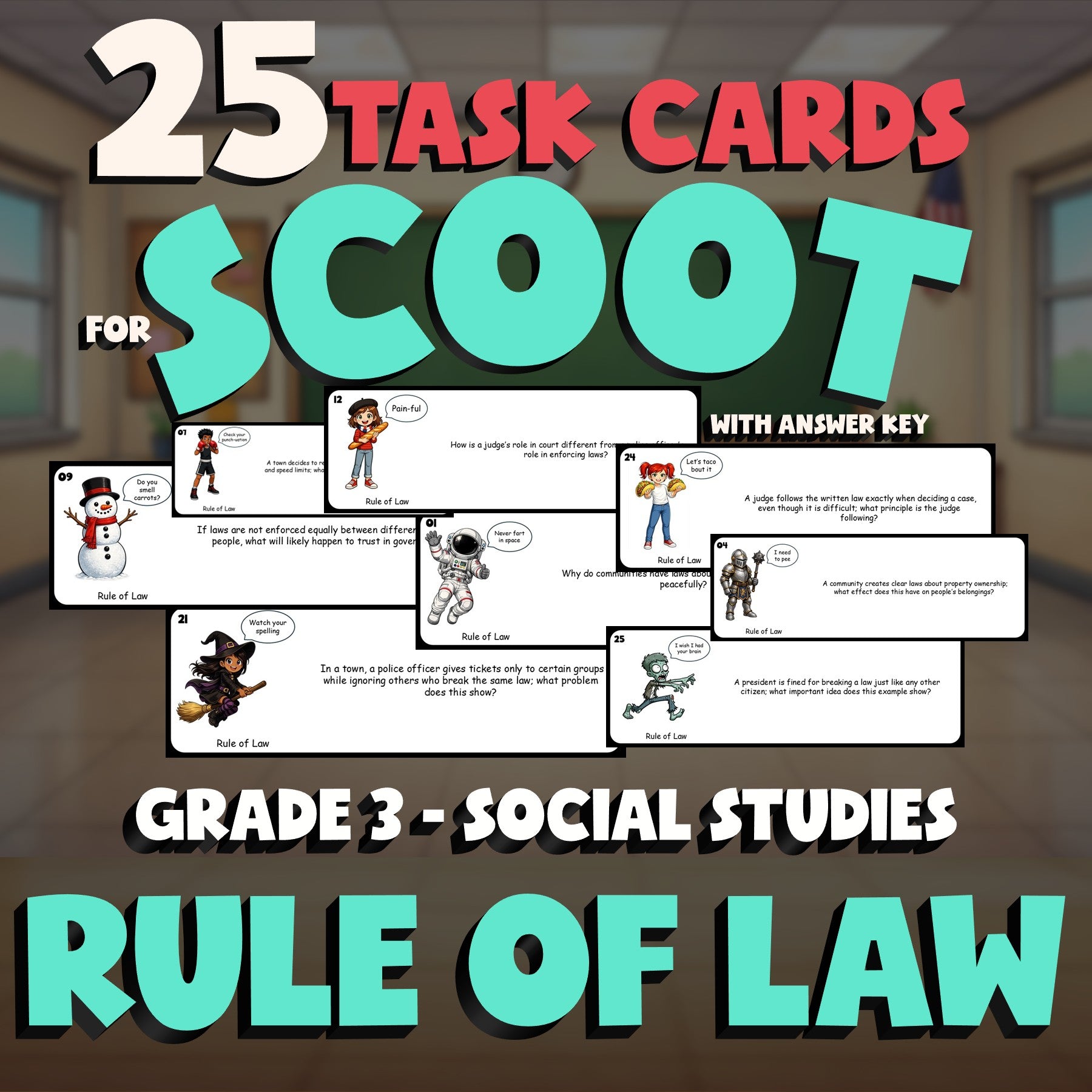 Rule of Law SCOOT TASK CARDS Socials Game - No Prep Grade 3 Review Activity