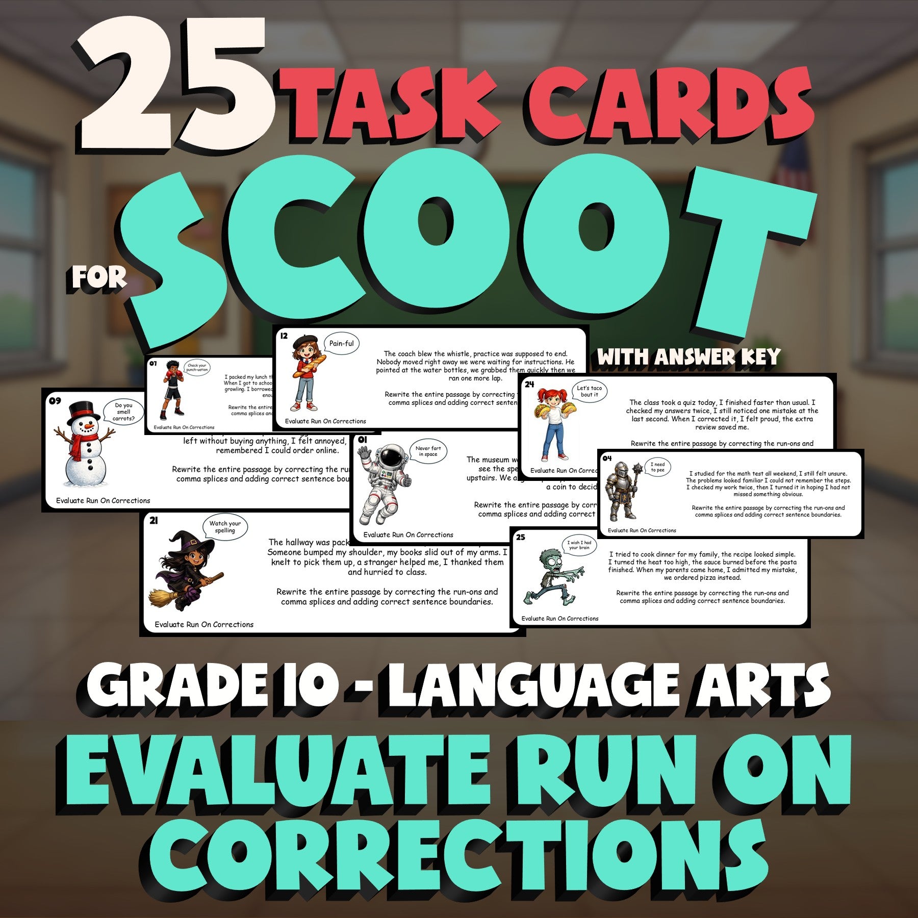 Evaluate Run On Corrections SCOOT TASK CARDS ELA Game - No Prep Grade 10 Review