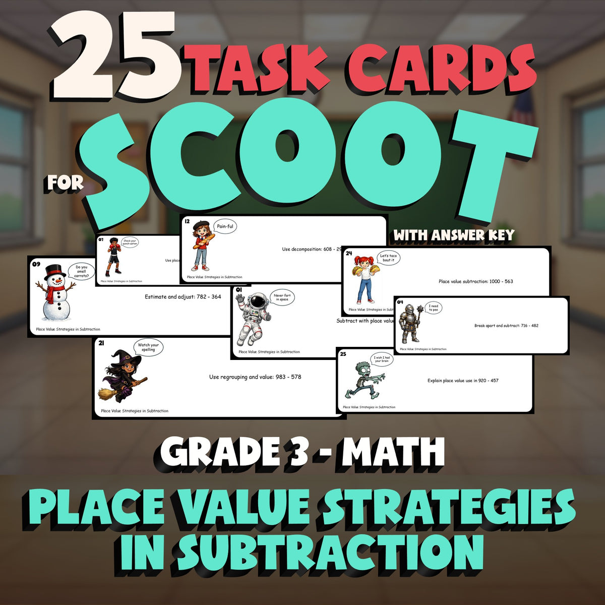 Place Value Strategies in Subtraction SCOOT TASK CARDS Math Game - Grade 3