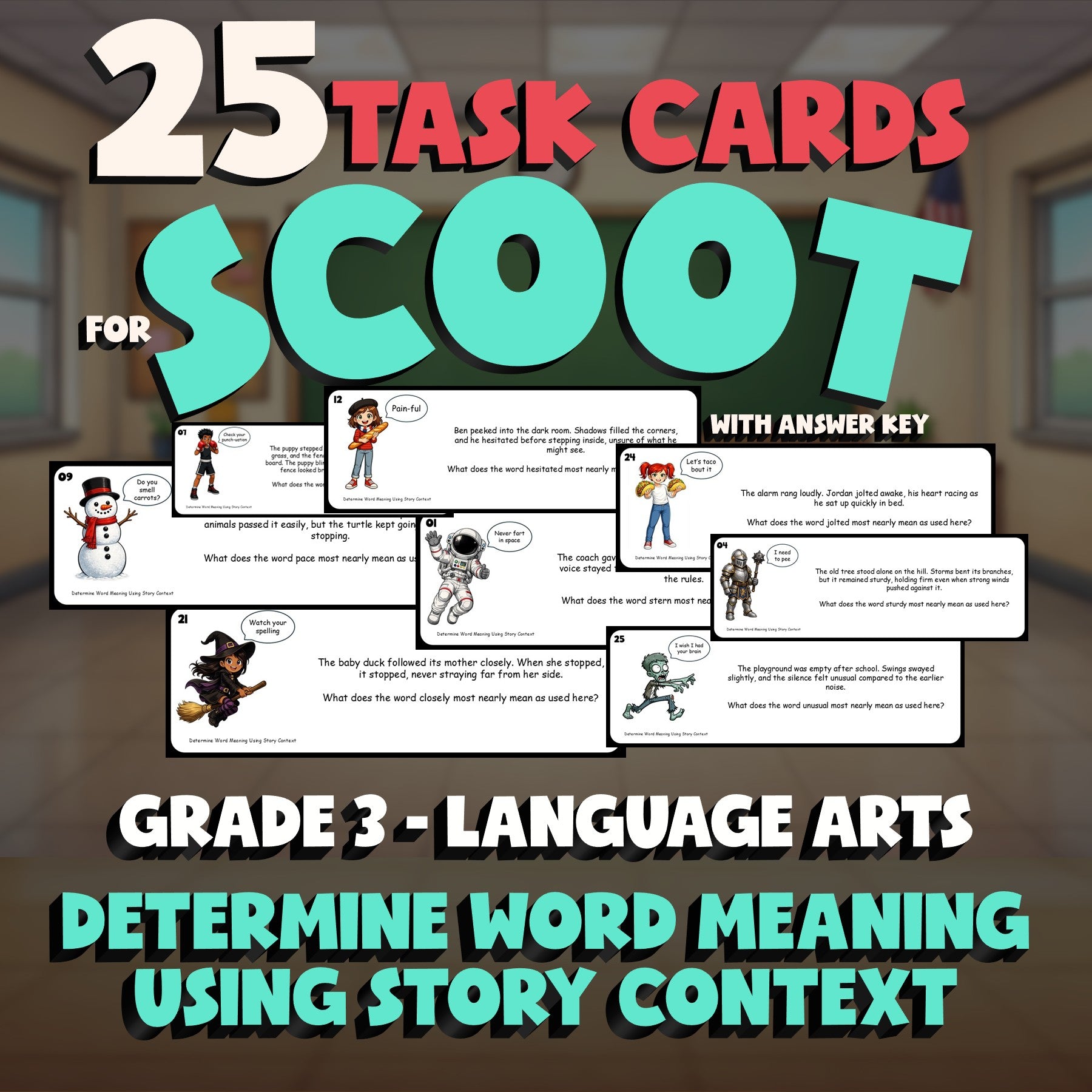 Determine Word Meaning Using Story Context SCOOT TASK CARDS ELA Game - Grade 3