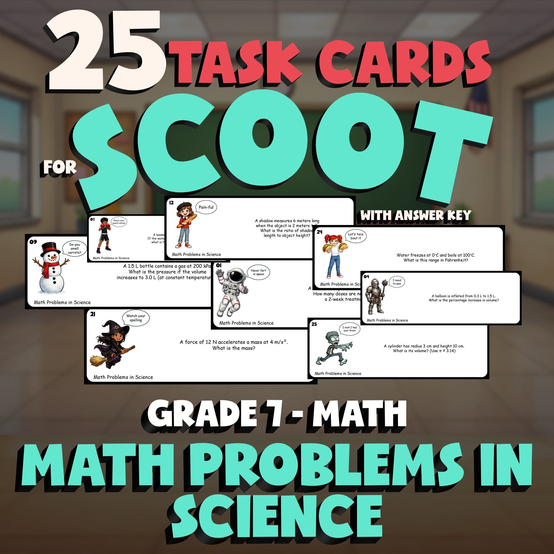 Math Problems in Science SCOOT TASK CARDS Math Game - No Prep Grade 7 Review