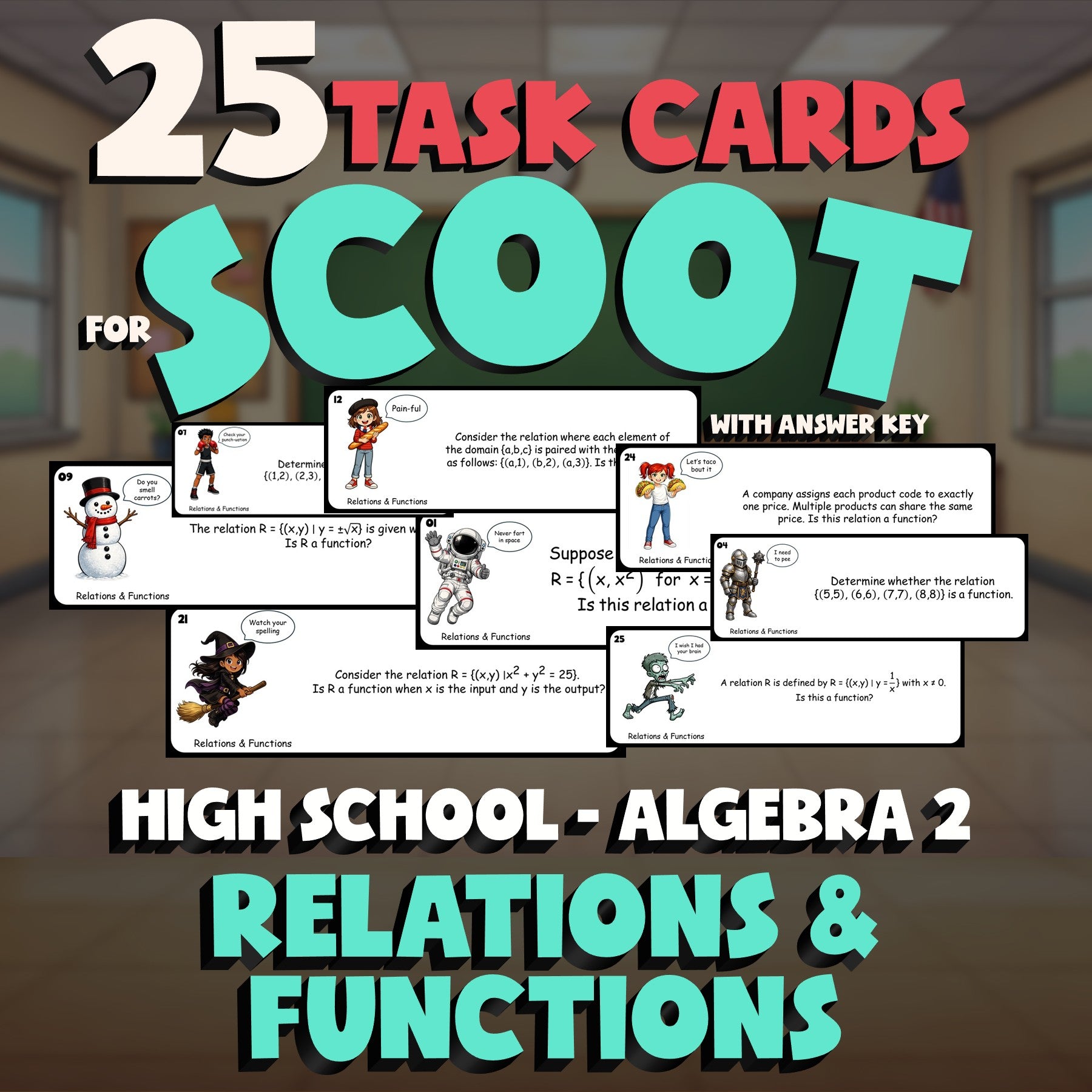 Relations & Functions SCOOT TASK CARDS Math Game - No Prep Algebra 2 Review