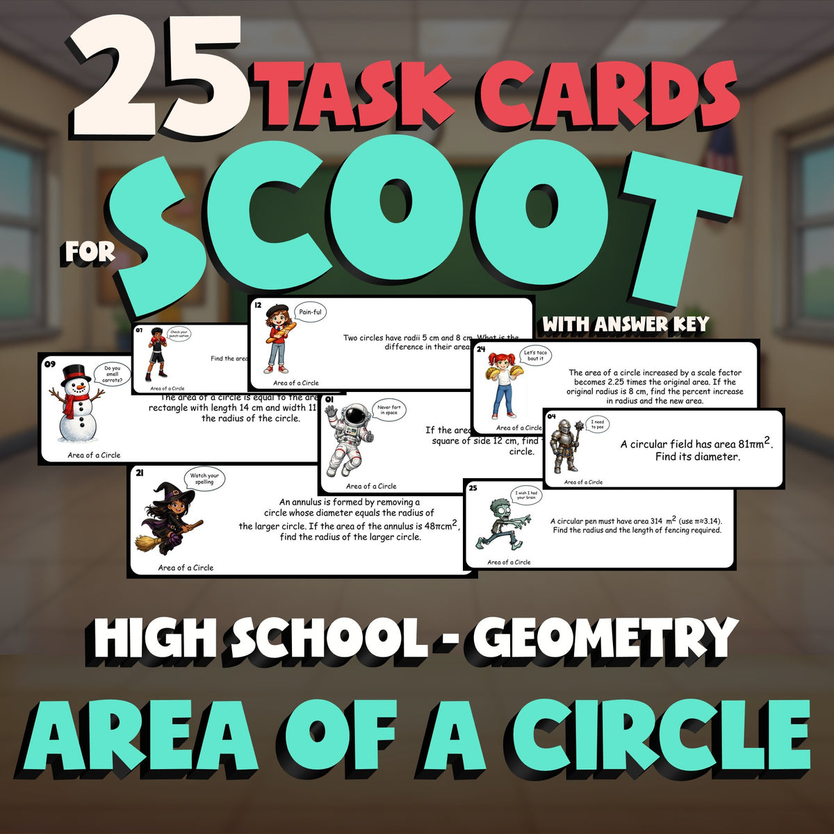 Area of a Circle SCOOT TASK CARDS Math Game - No Prep Geometry Review Activity