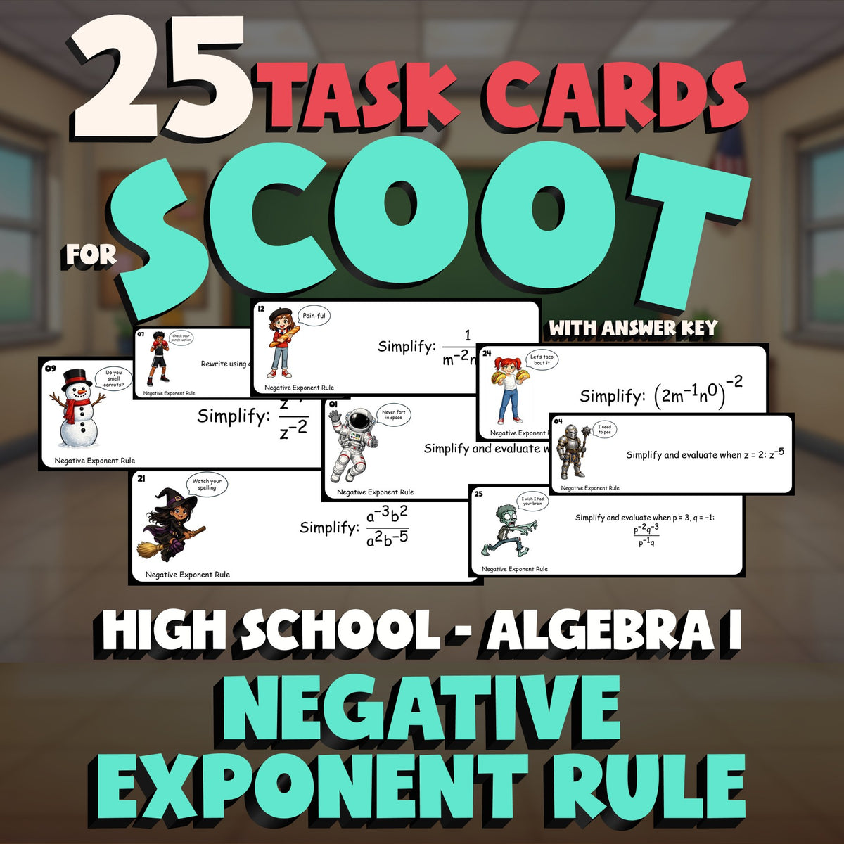 Negative Exponent Rule SCOOT TASK CARDS Math Game - No Prep Algebra 1 Review