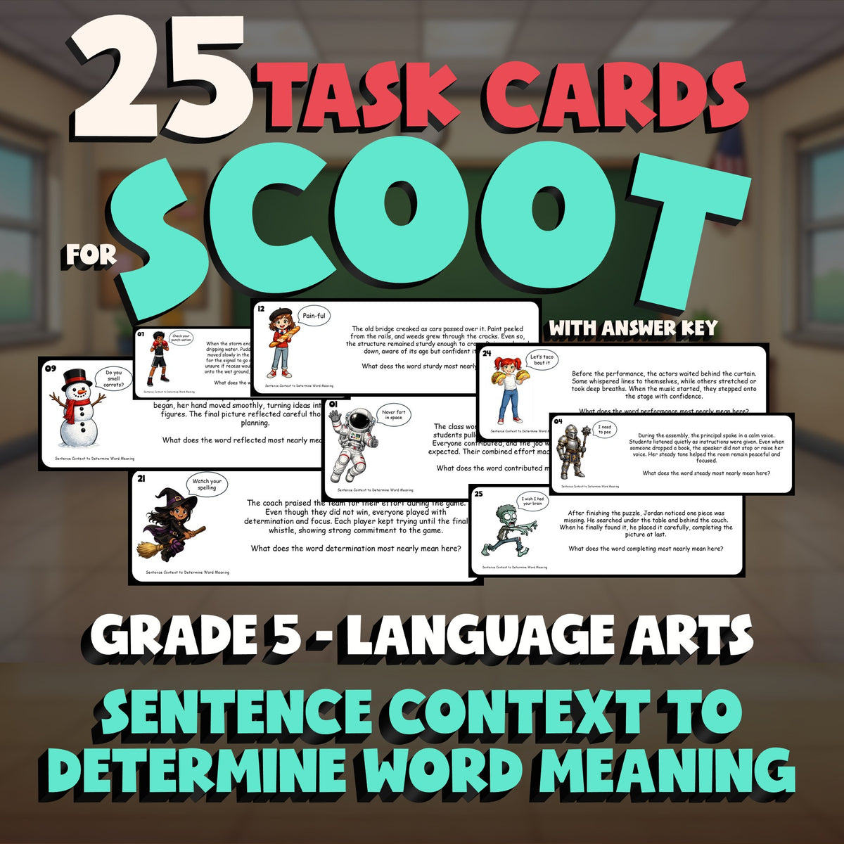 Sentence Context to Determine Word Meaning SCOOT TASK CARDS ELA Game - Grade 5