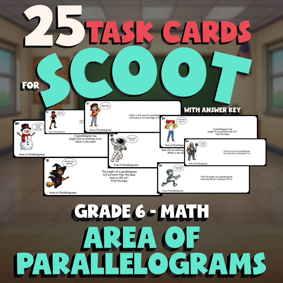 Area of Parallelograms SCOOT TASK CARDS Math Game - No Prep Grade 6 Review