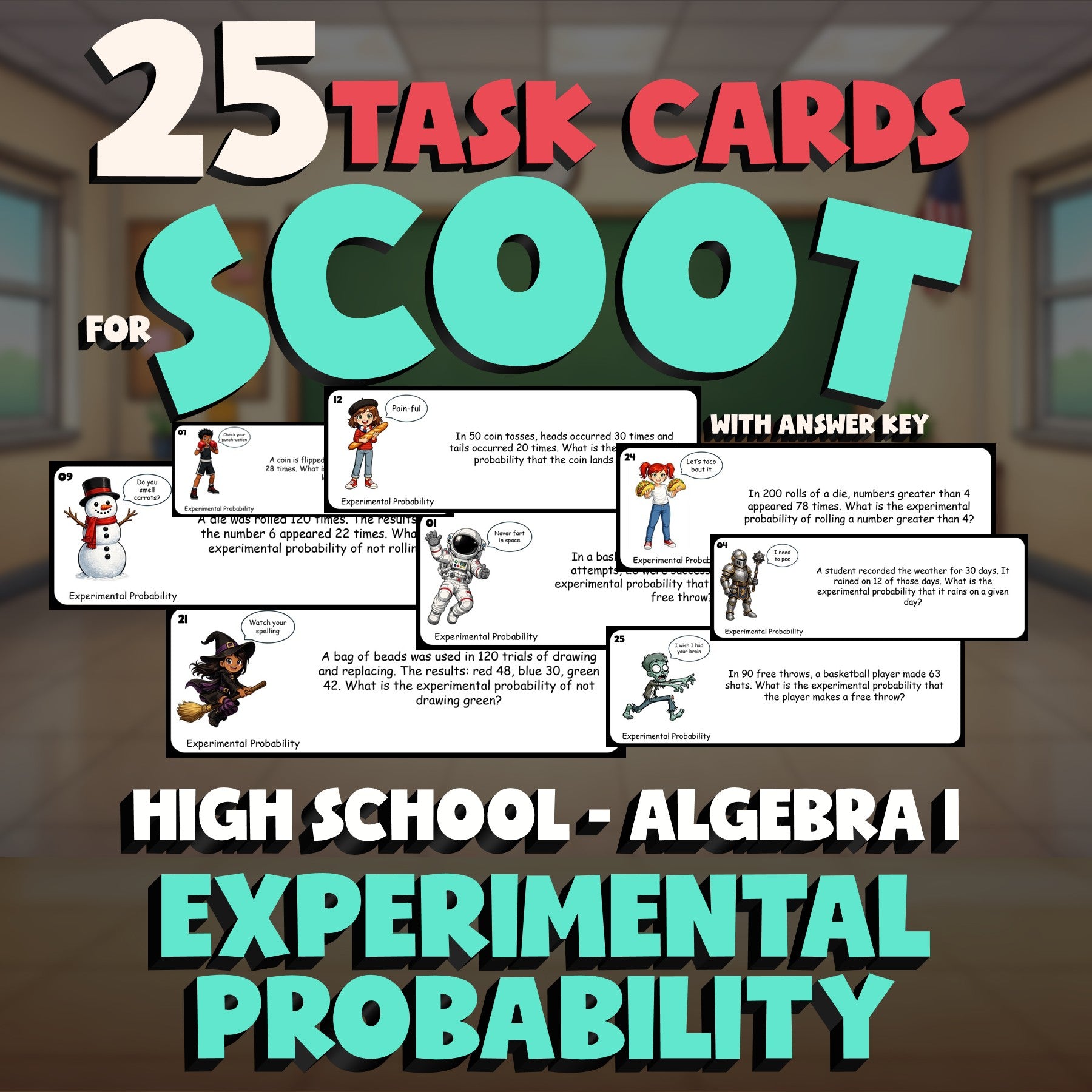 Experimental Probability SCOOT TASK CARDS Math Game - No Prep Algebra 1 Review