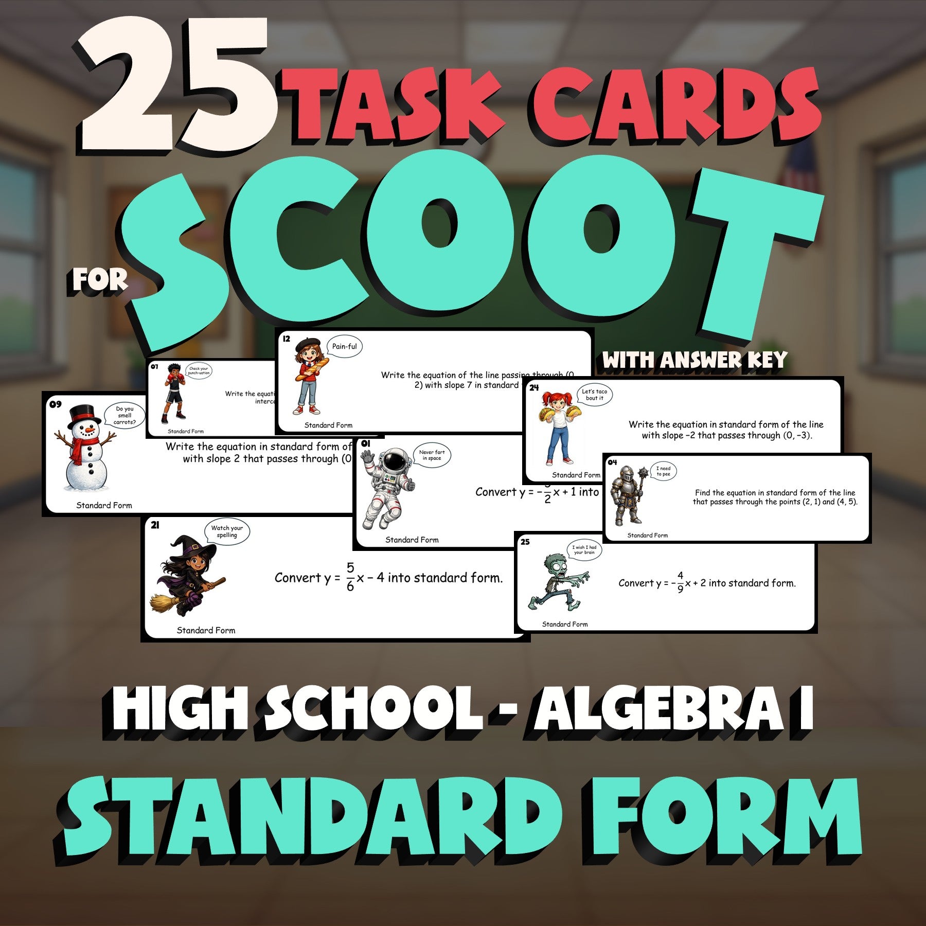 Standard Form SCOOT TASK CARDS Math Game - No Prep Algebra 1 Review Activity