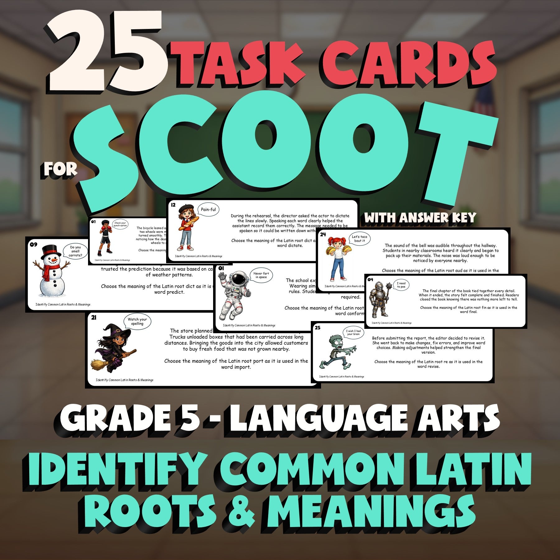 Identify Common Latin Roots & Meanings SCOOT TASK CARDS ELA Game - Grade 5