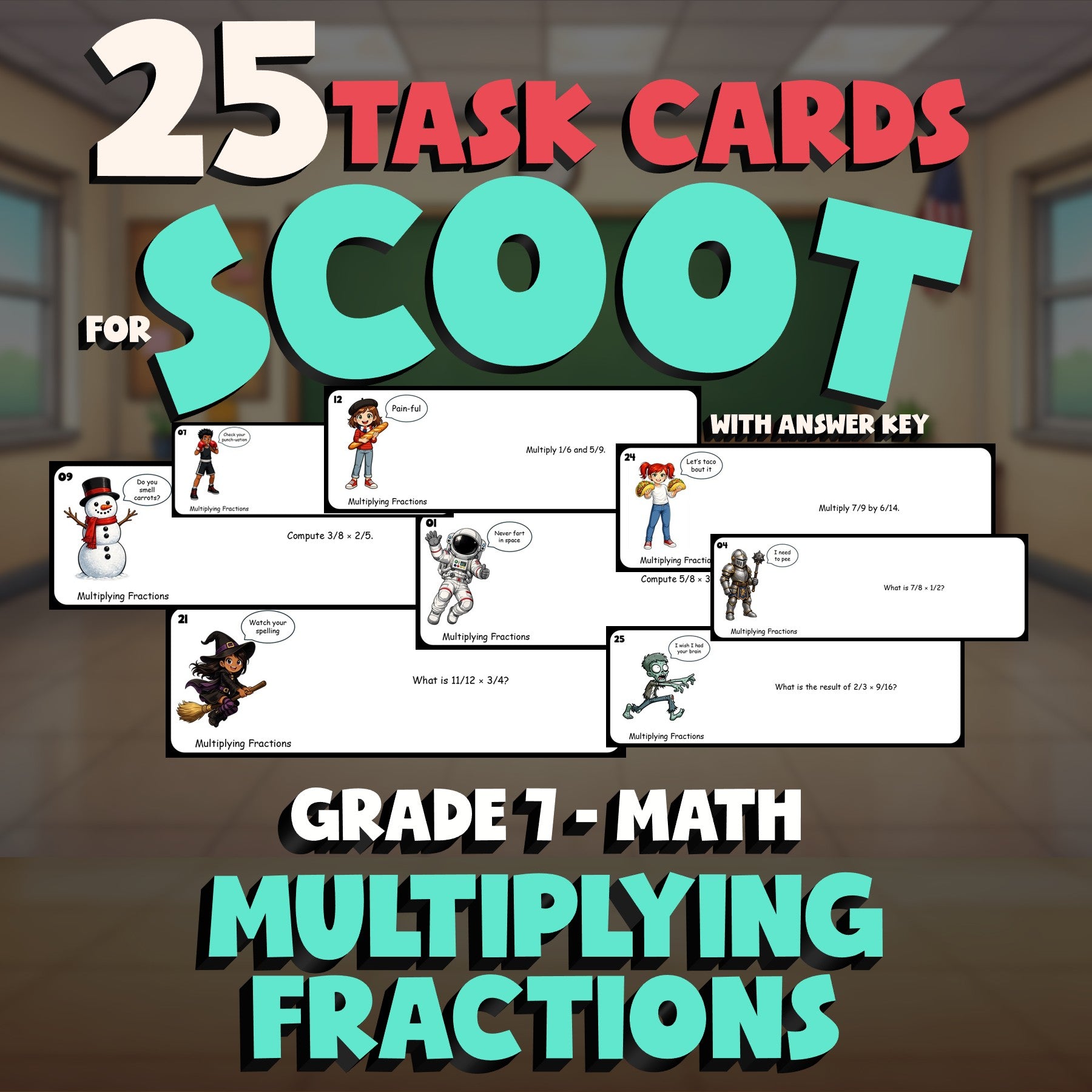 Multiplying Fractions SCOOT TASK CARDS Math Game - No Prep Grade 7 Review