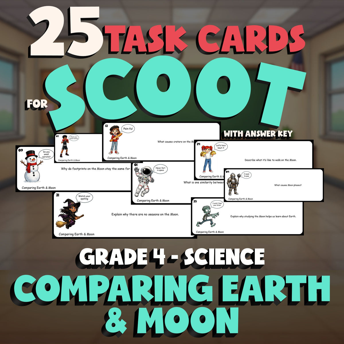 Comparing Earth & Moon SCOOT TASK CARDS Science Game - No Prep Grade 4 Review