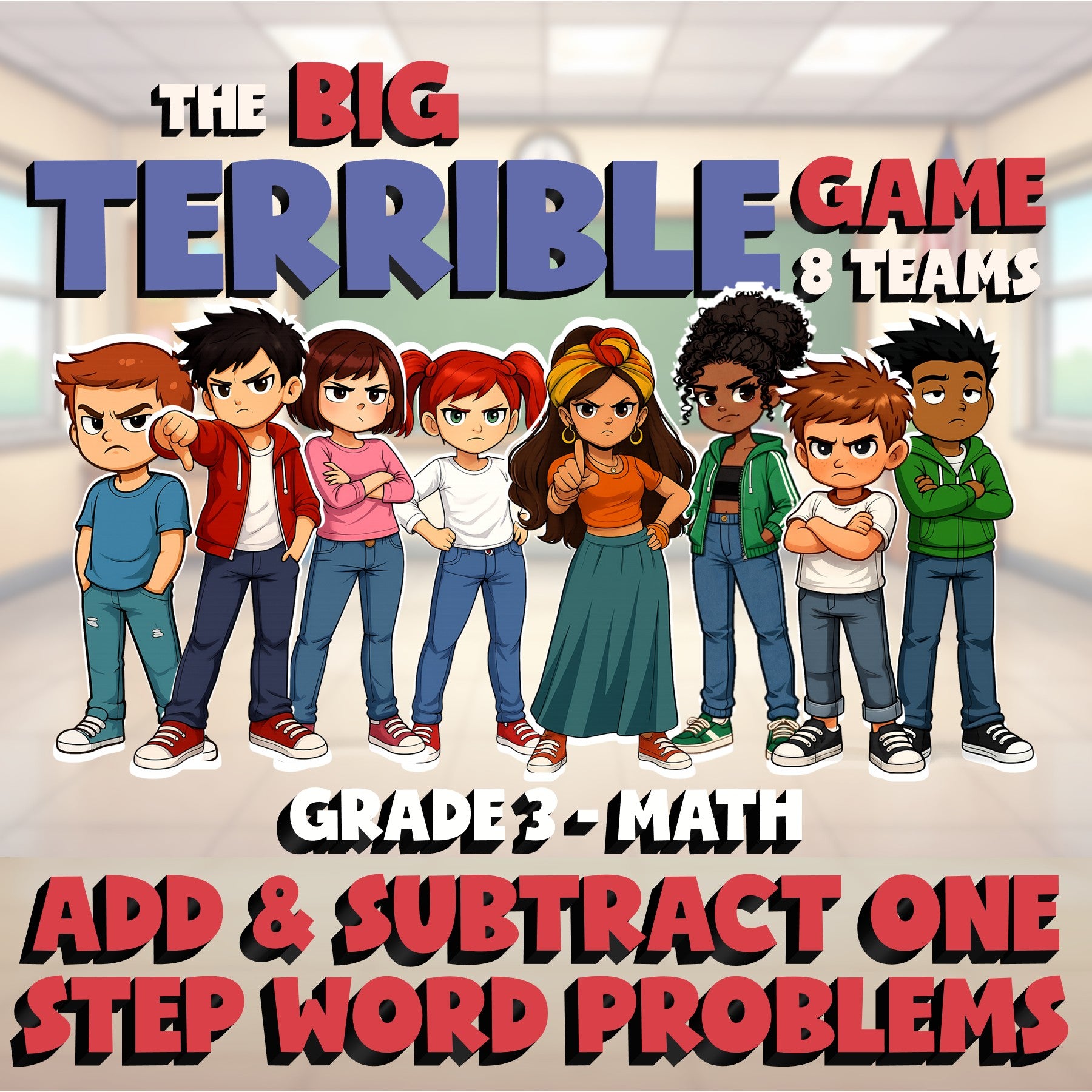 Add & Subtract One Step Word Problems BIG TERRIBLE GAME - Grade 3 Math Review