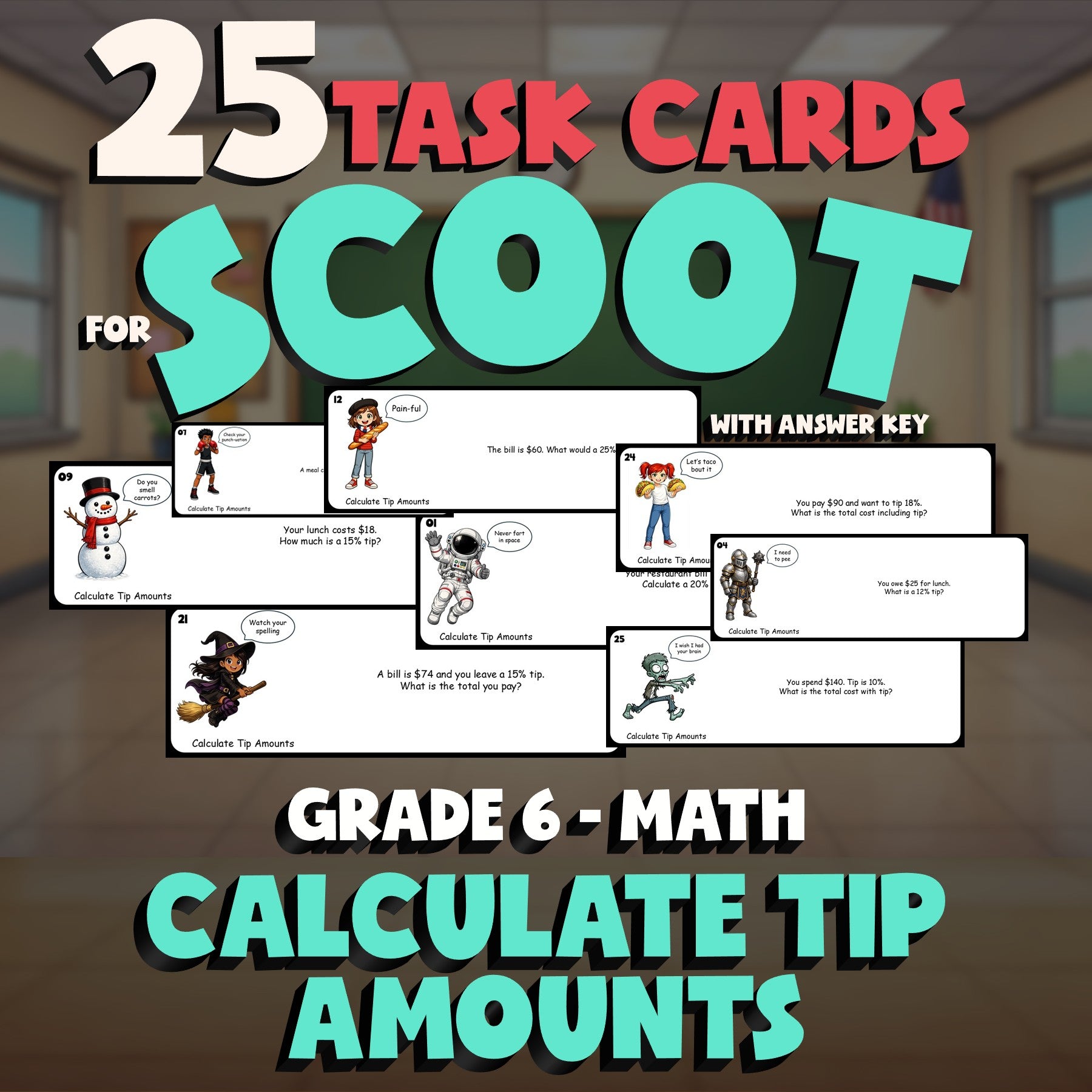 Calculate Tip Amounts SCOOT TASK CARDS Math Game - No Prep Grade 6 Review