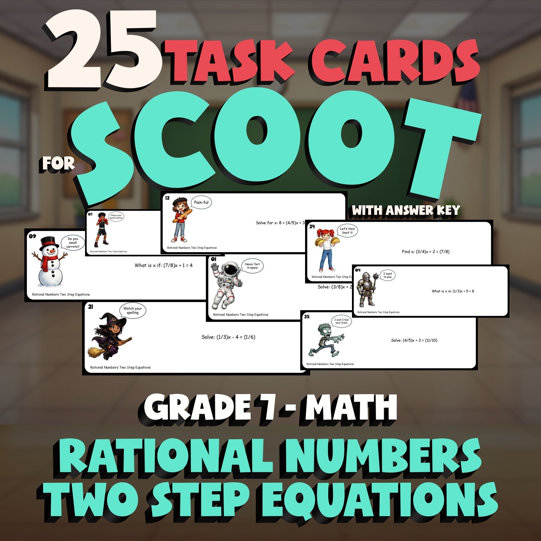 Rational Numbers Two Step Equations SCOOT TASK CARDS Math Game - No Prep Grade 7