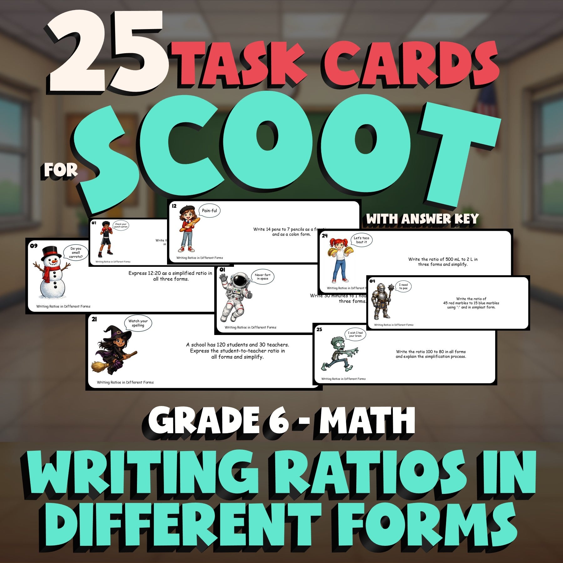 Writing Ratios in Different Forms SCOOT TASK CARDS Math Game - No Prep Grade 6
