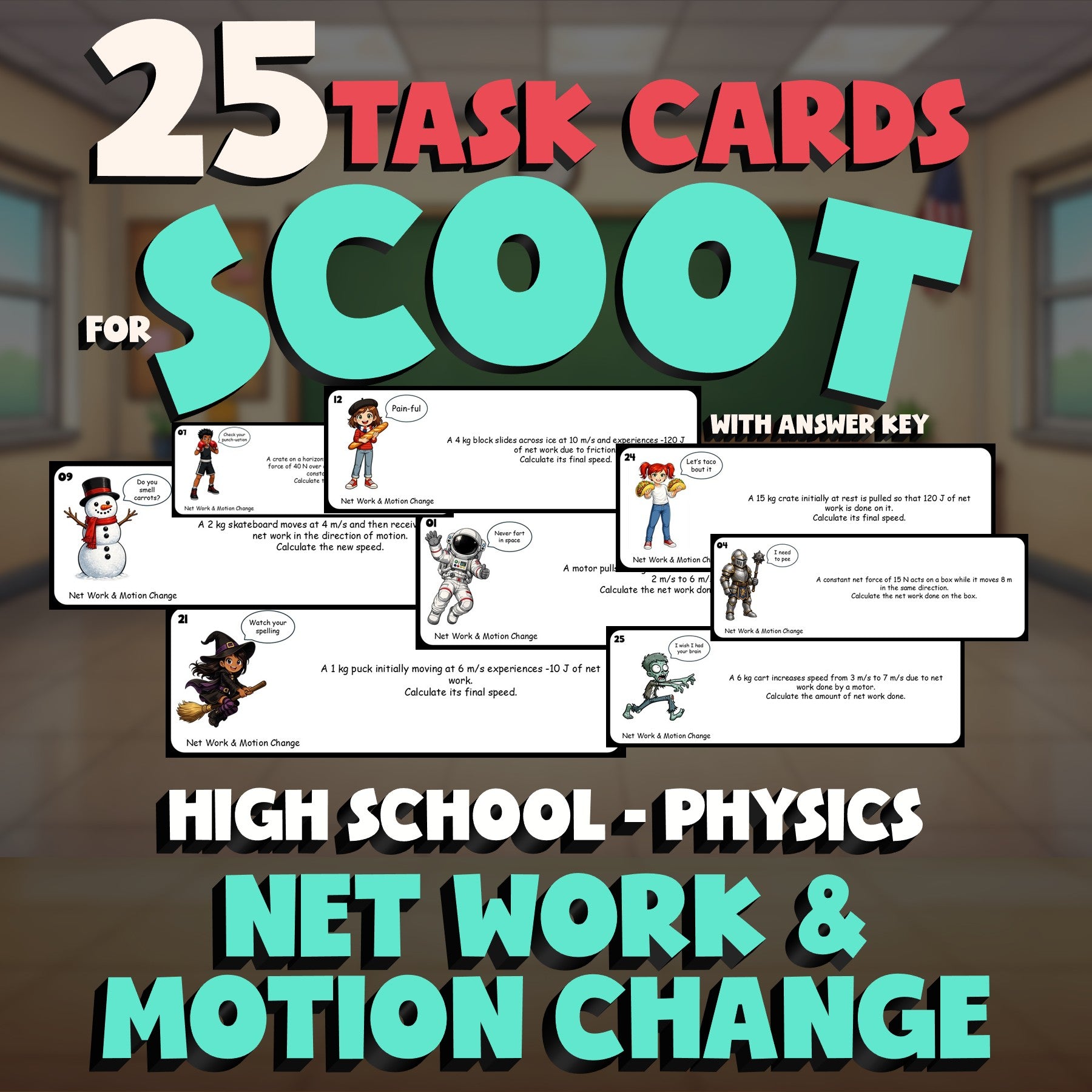 Net Work & Motion Change SCOOT TASK CARDS Science Game - No Prep Physics Review