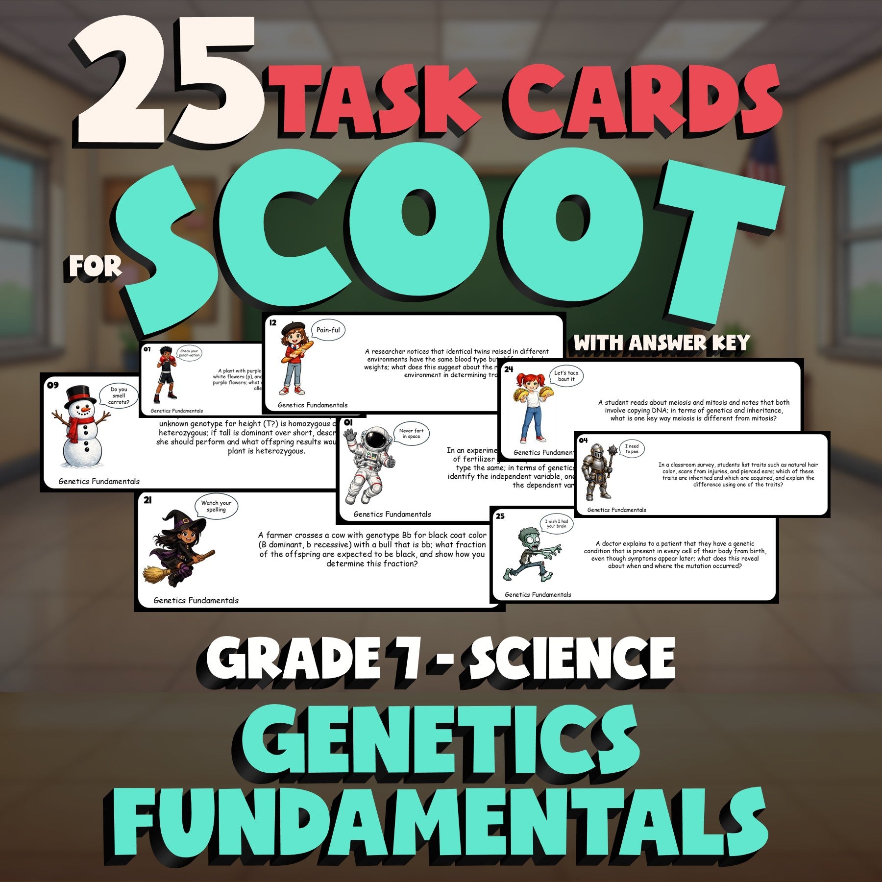 Genetics Fundamentals SCOOT TASK CARDS Science Game - No Prep Grade 7 Review