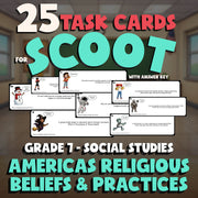Americas Religious Beliefs & Practices SCOOT TASK CARDS Socials Game - Grade 7