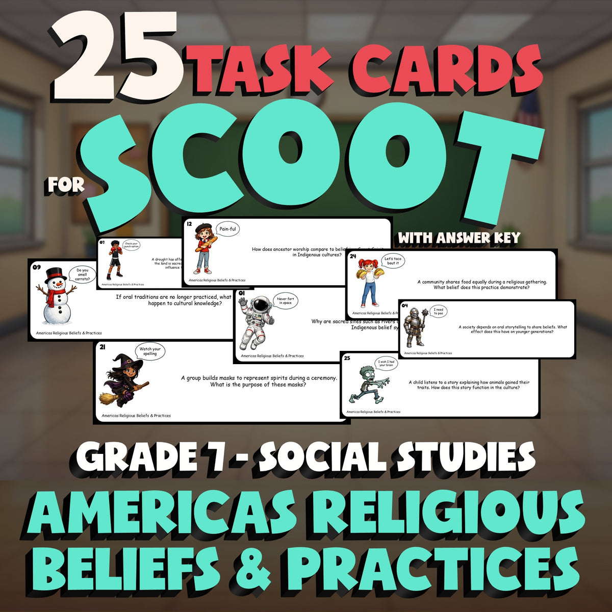 Americas Religious Beliefs & Practices SCOOT TASK CARDS Socials Game - Grade 7