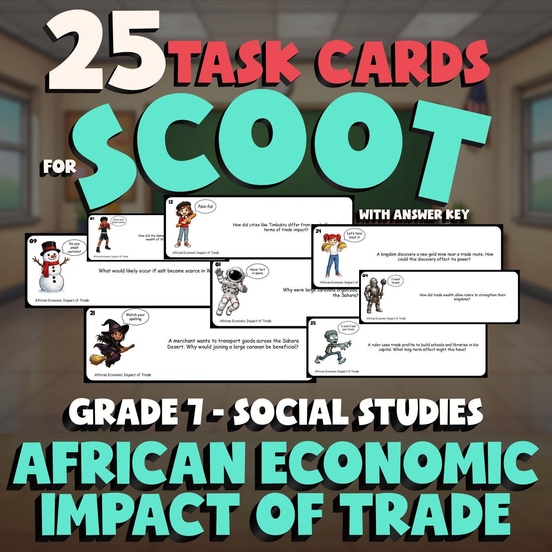 African Economic Impact of Trade SCOOT TASK CARDS Socials Game - No Prep Grade 7