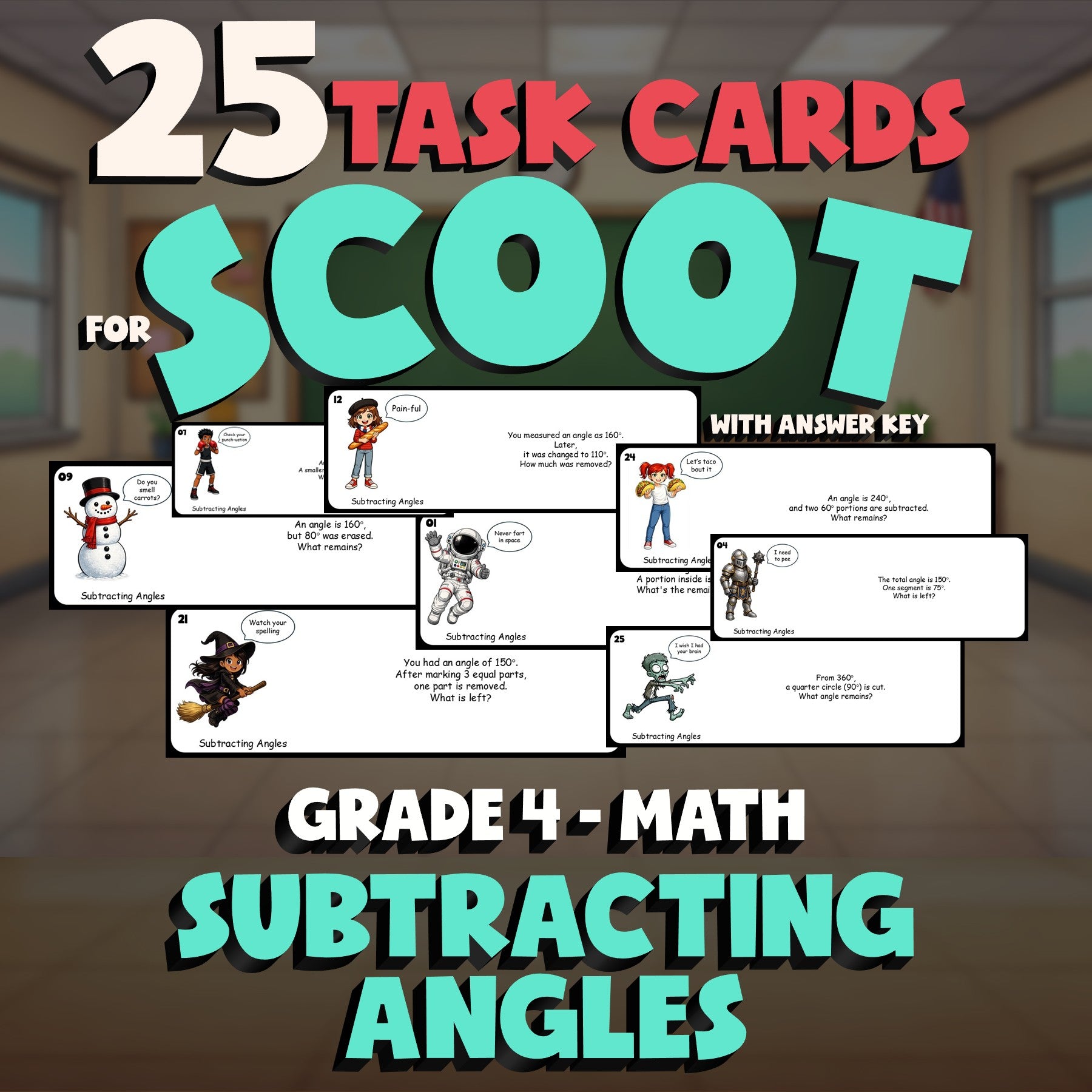 Subtracting Angles SCOOT TASK CARDS Math Game - No Prep Grade 4 Review Activity