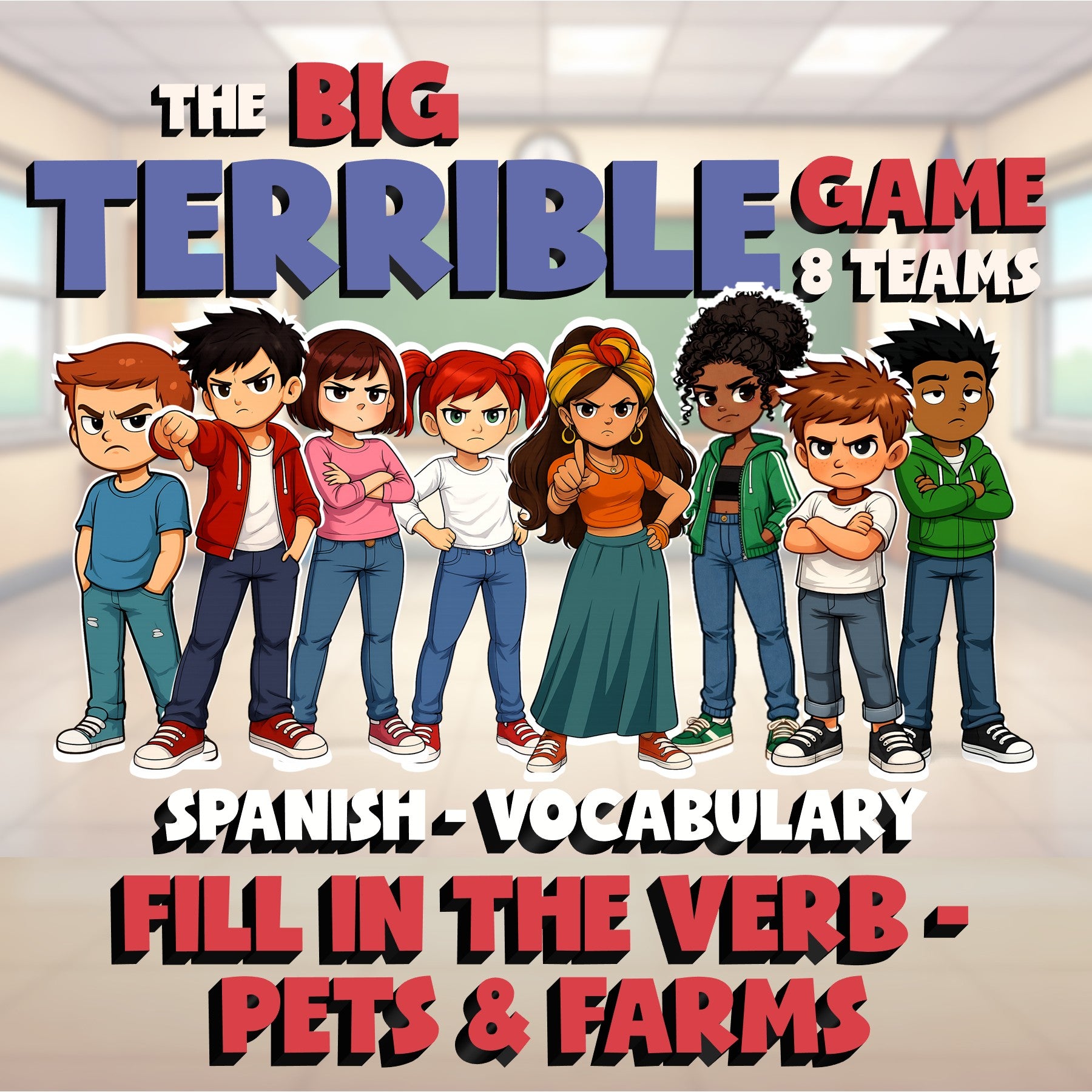 Fill In The Verb - Pets & Farms BIG TERRIBLE GAME - No Prep Spanish Exercise