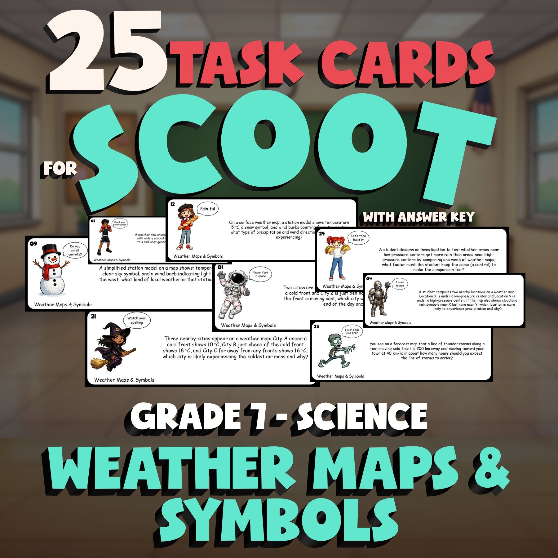 Weather Maps & Symbols SCOOT TASK CARDS Science Game - No Prep Grade 7 Review