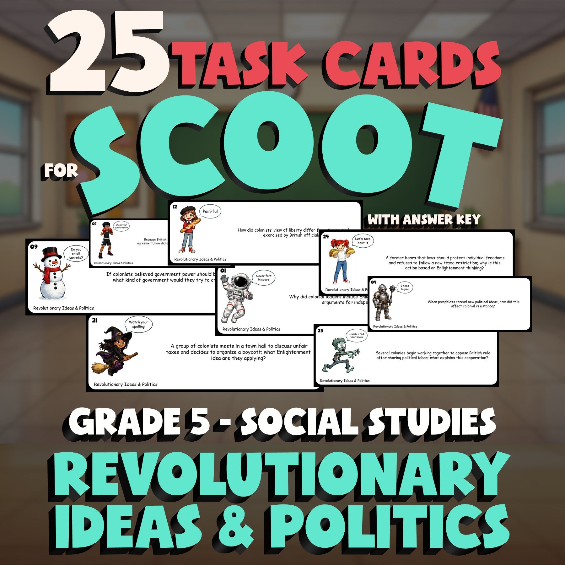 Revolutionary Ideas & Politics SCOOT TASK CARDS Socials Game - No Prep Grade 5
