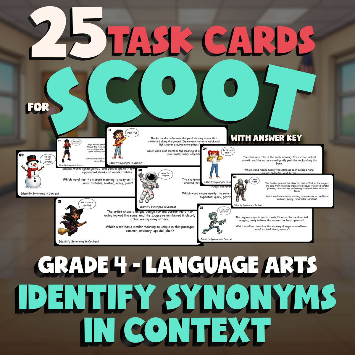 Identify Synonyms in Context SCOOT TASK CARDS ELA Game - No Prep Grade 4 Review