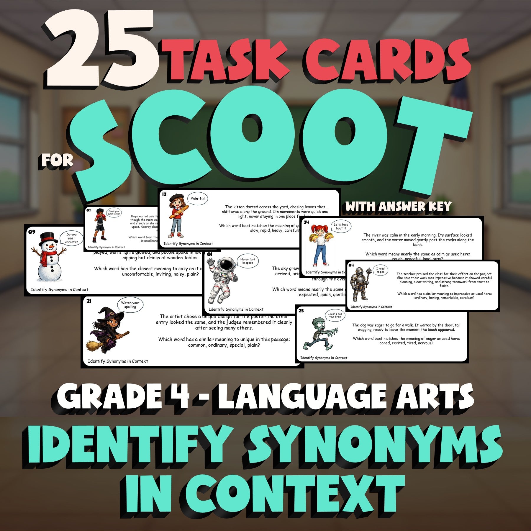 Identify Synonyms in Context SCOOT TASK CARDS ELA Game - No Prep Grade 4 Review