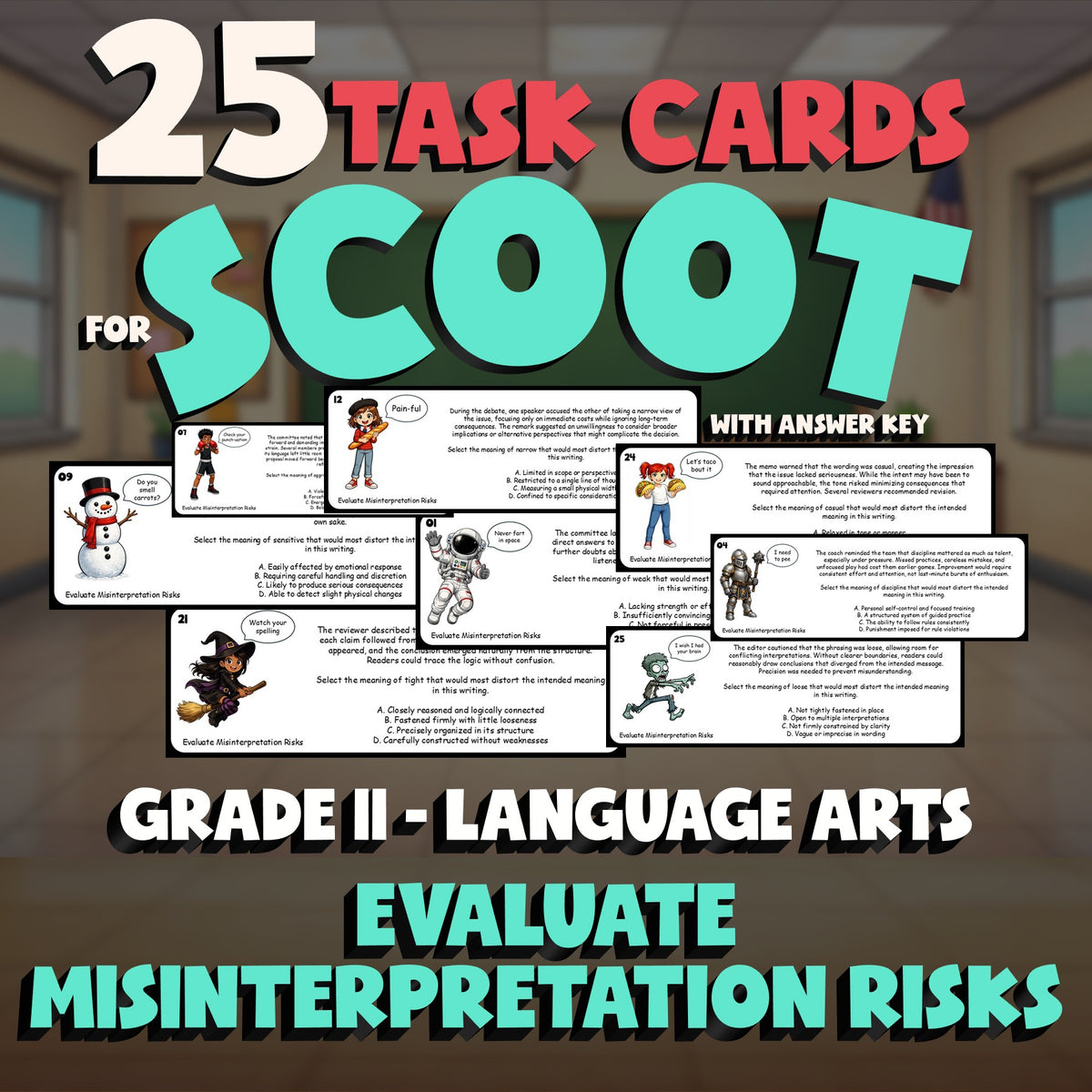 Evaluate Misinterpretation Risks SCOOT TASK CARDS ELA Game - No Prep Grade 11