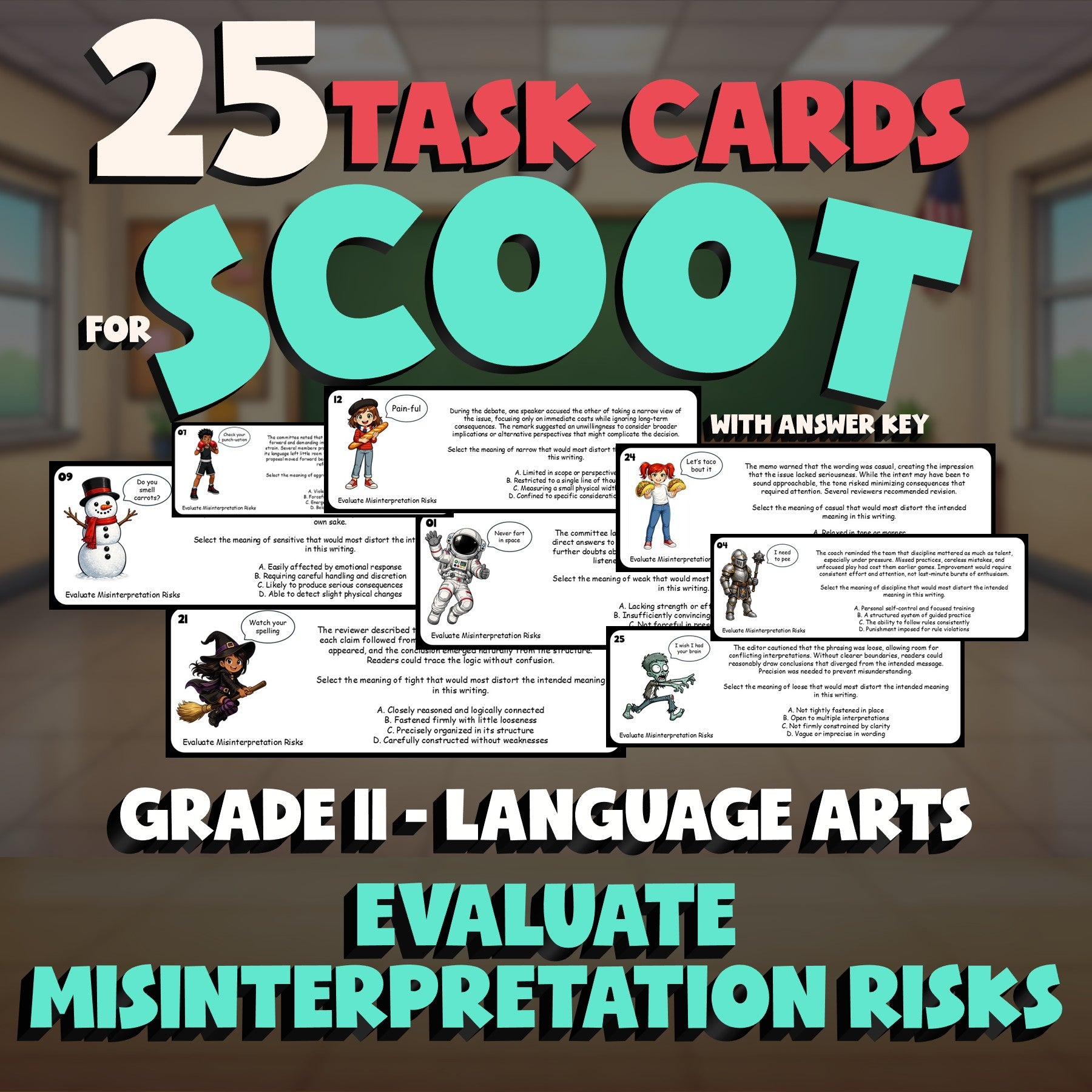 Evaluate Misinterpretation Risks SCOOT TASK CARDS ELA Game - No Prep Grade 11