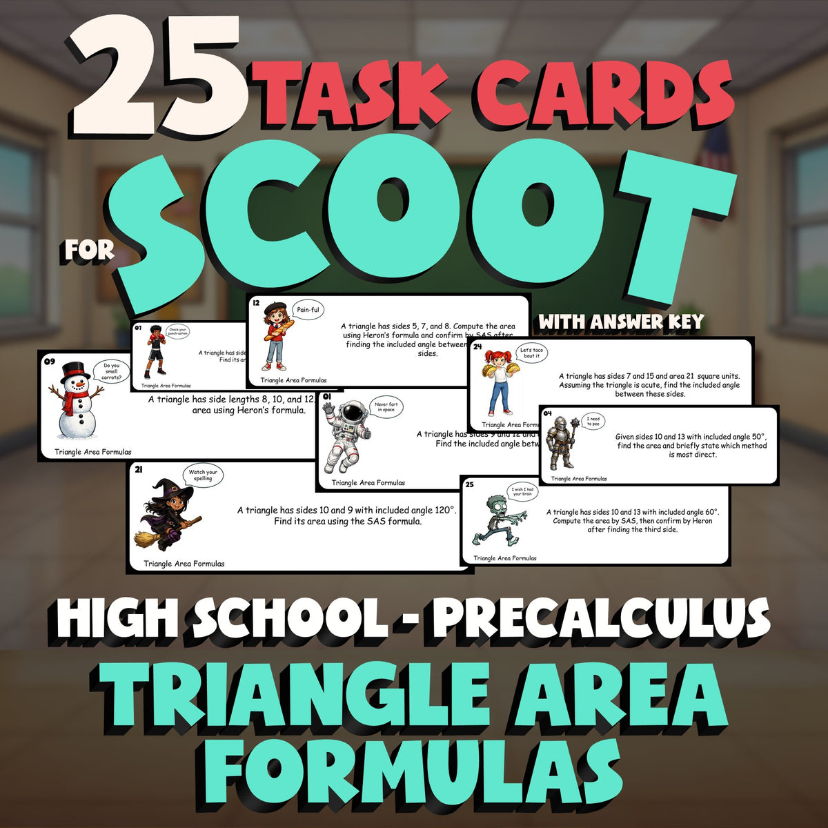 Triangle Area Formulas SCOOT TASK CARDS Math Game - No Prep PreCalculus Review