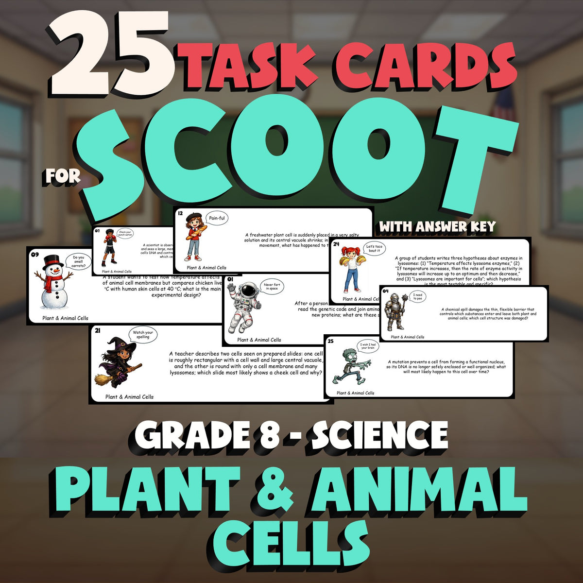 Plant & Animal Cells SCOOT TASK CARDS Science Game - No Prep Grade 8 Review