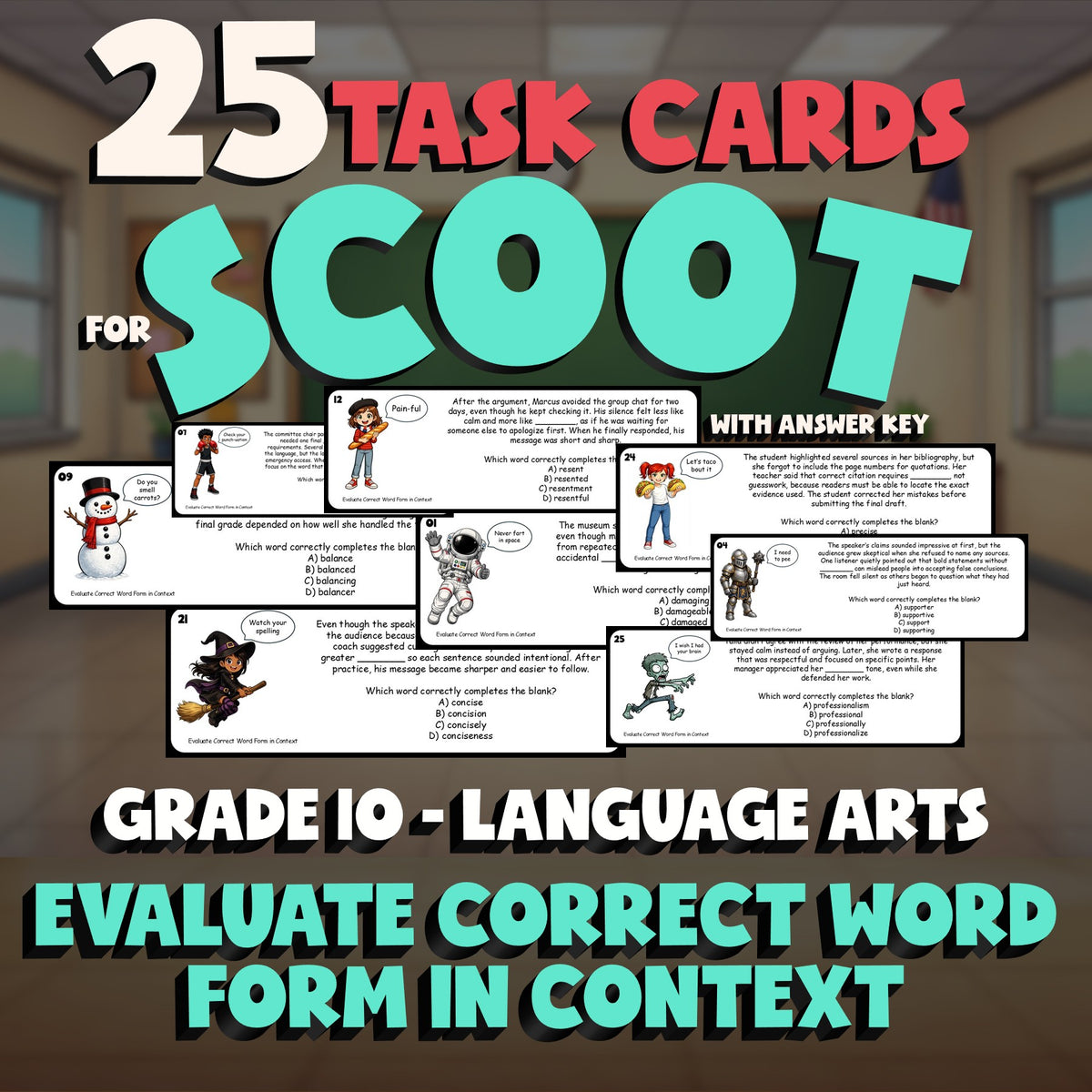Evaluate Correct Word Form in Context SCOOT TASK CARDS ELA Game - Grade 10