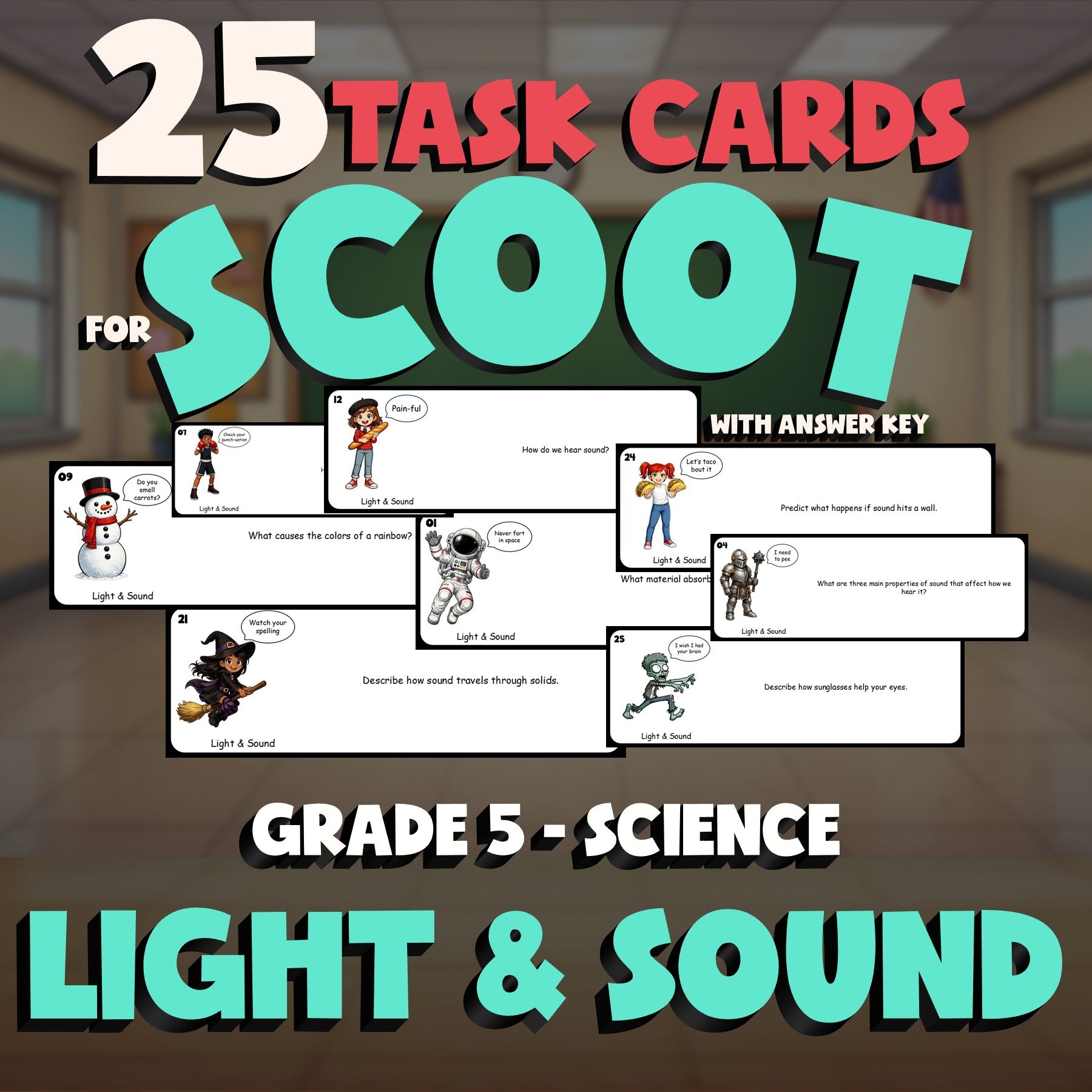Light & Sound SCOOT TASK CARDS Science Game - No Prep Grade 5 Review Activity