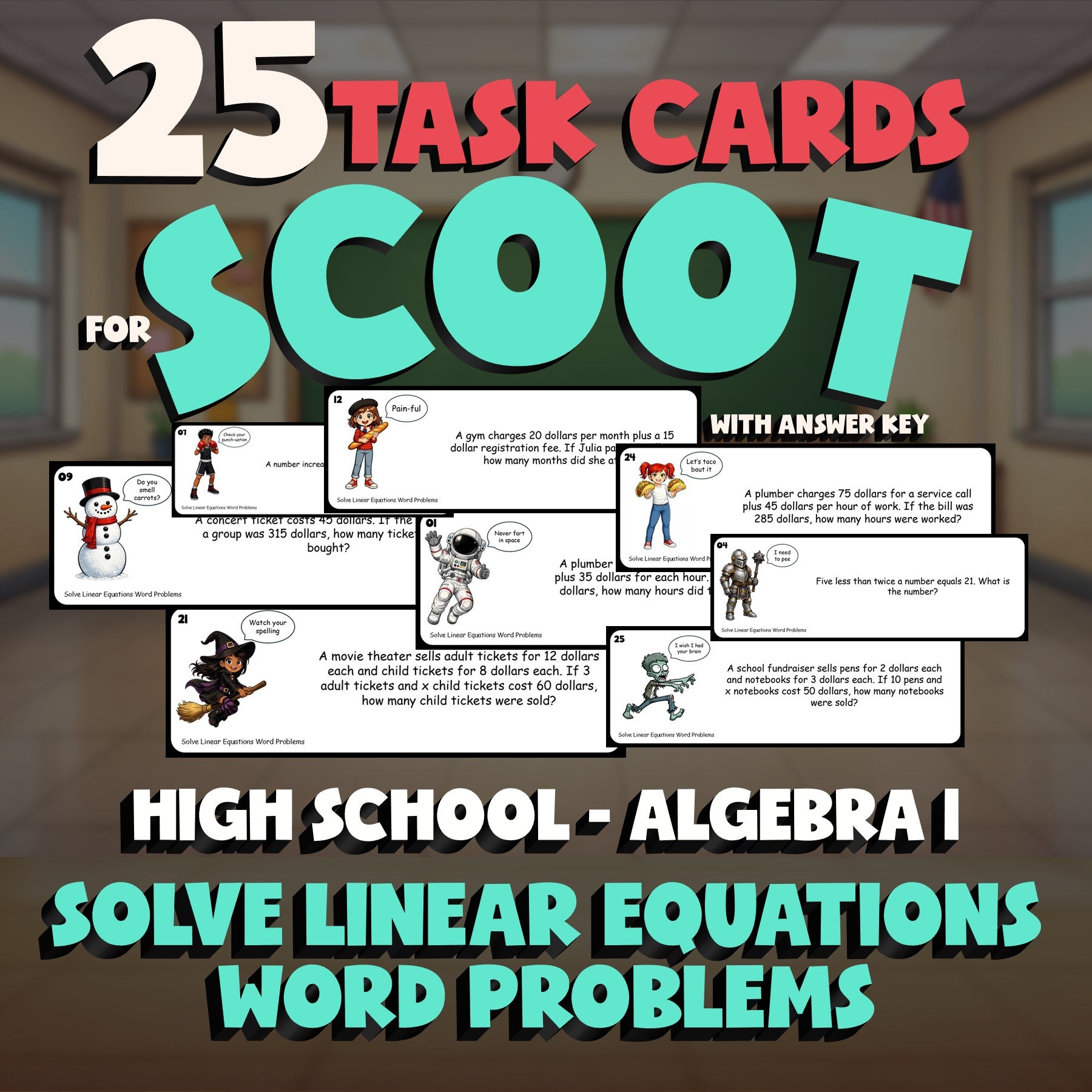 Solve Linear Equations Word Problems SCOOT TASK CARDS Math Game - Algebra 1