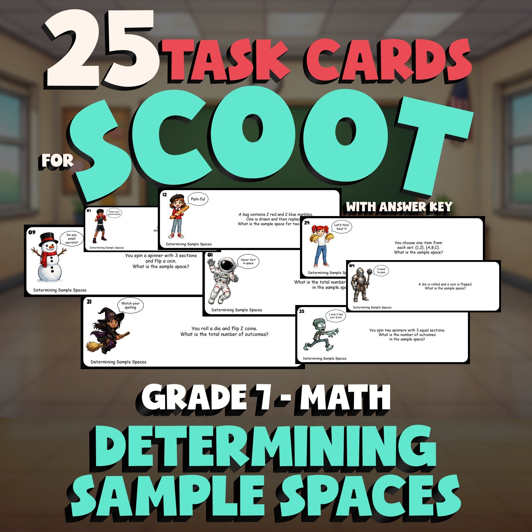 Determining Sample Spaces SCOOT TASK CARDS Math Game - No Prep Grade 7 Review