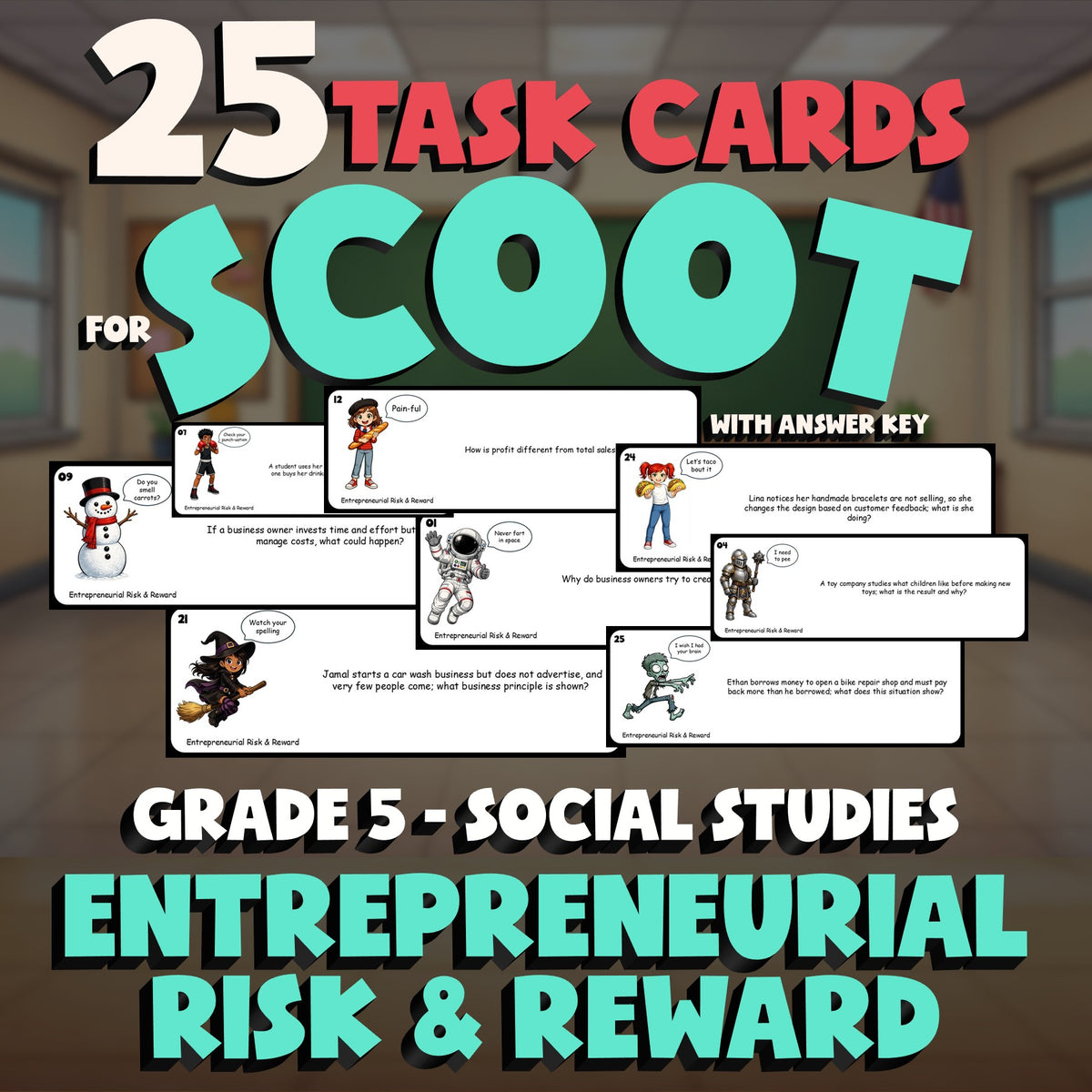 Entrepreneurial Risk & Reward SCOOT TASK CARDS Socials Game - No Prep Grade 5