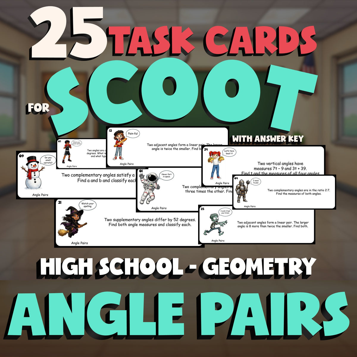 Angle Pairs SCOOT TASK CARDS Math Game - No Prep Geometry Review Activity
