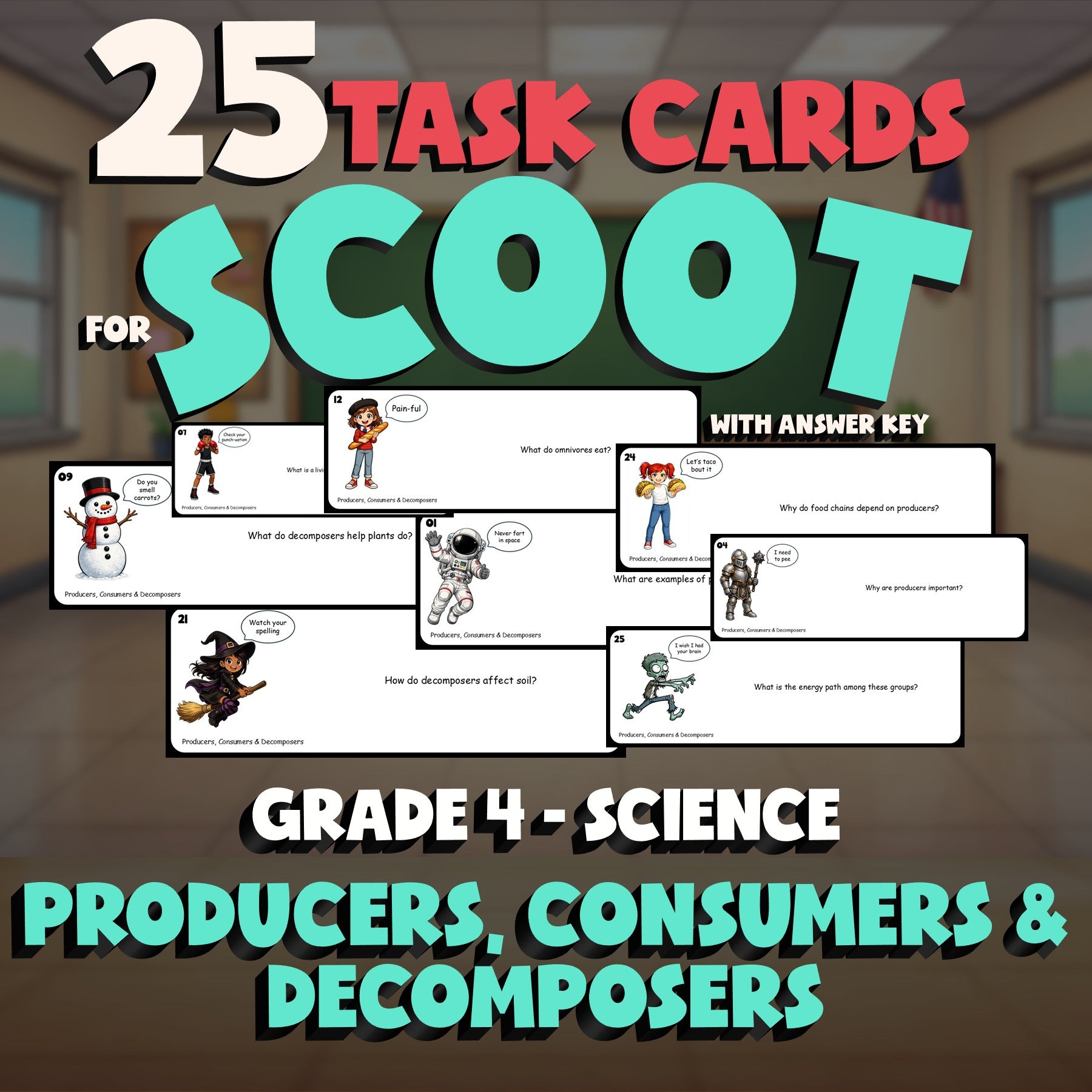 Producers, Consumers & Decomposers SCOOT TASK CARDS Science Game - Grade 4