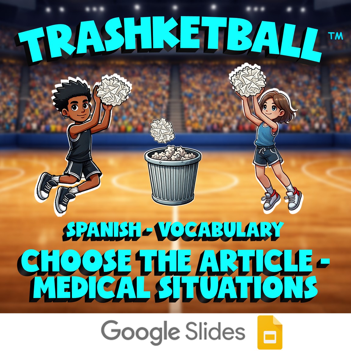 Choose The Article - Medical Situations TRASHKETBALL Spanish Game - No Prep