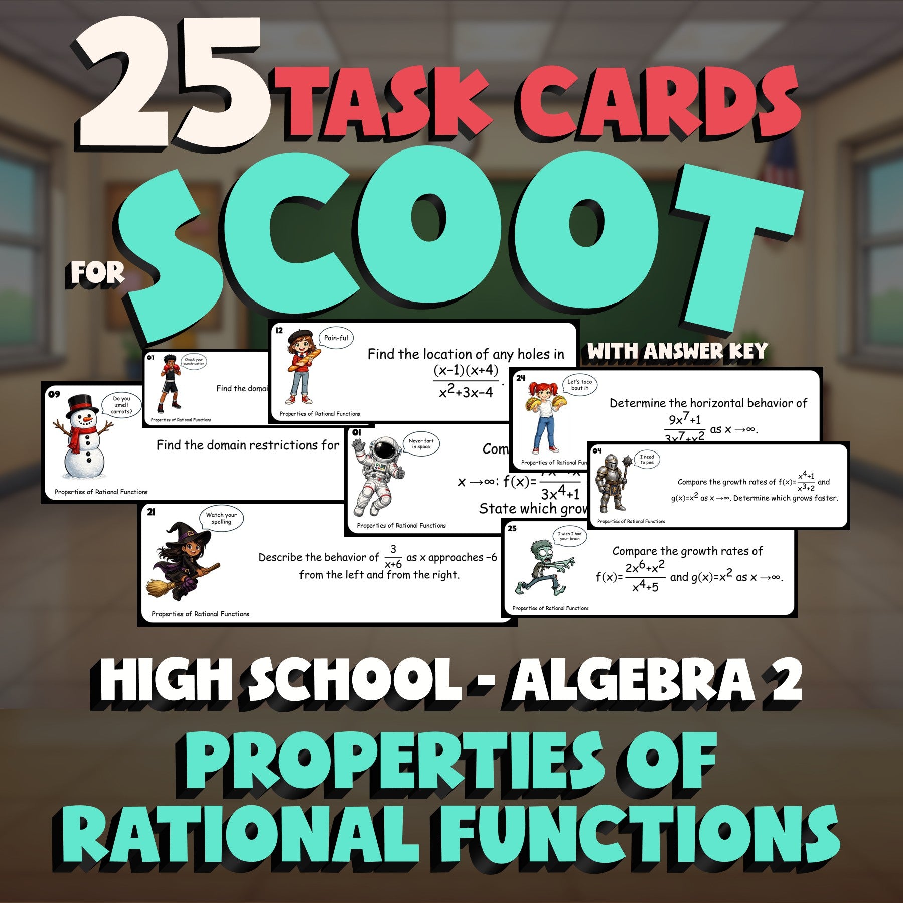 Properties of Rational Functions SCOOT TASK CARDS Math Game - No Prep Algebra 2