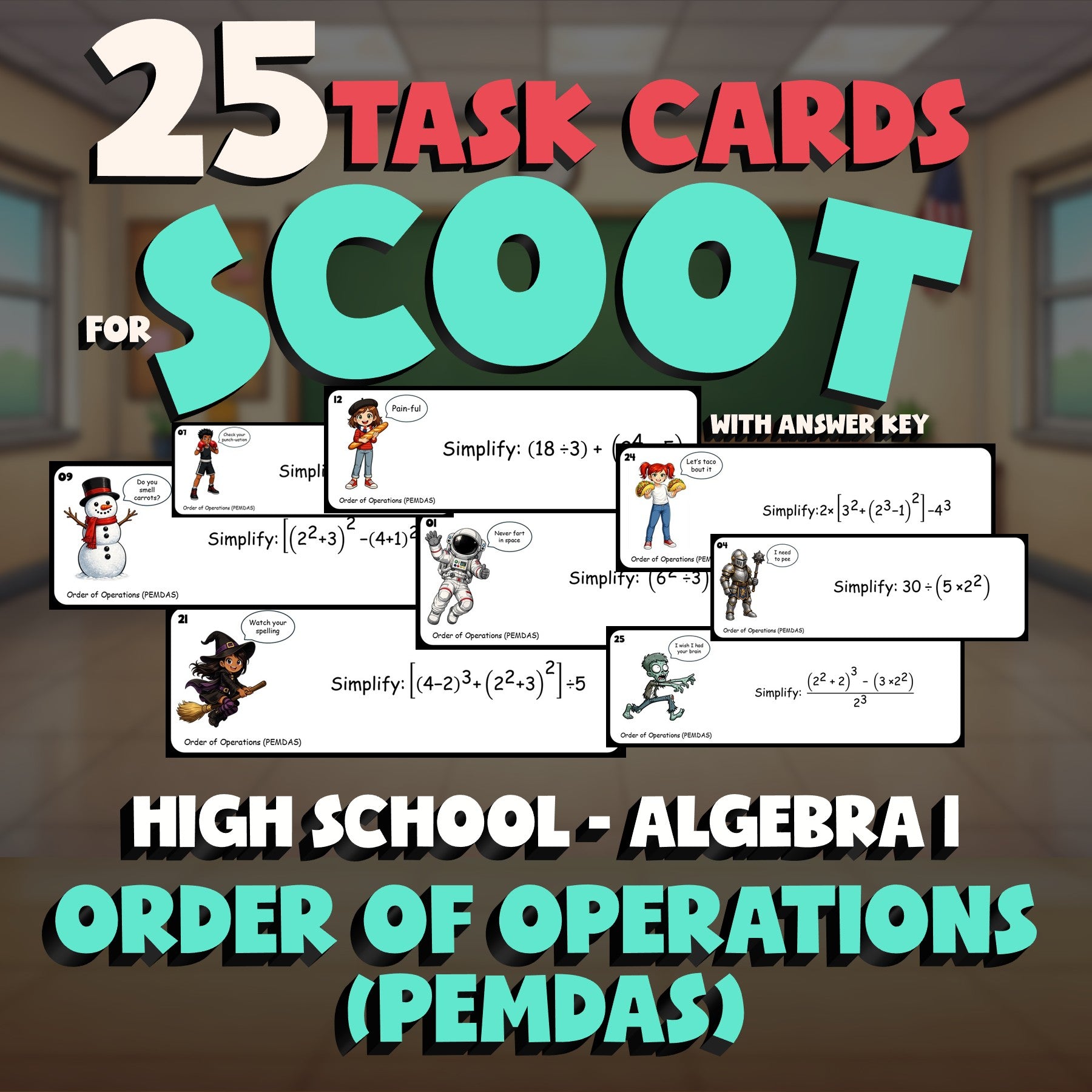 Order of Operations (PEMDAS) SCOOT TASK CARDS Math Game - No Prep Algebra 1