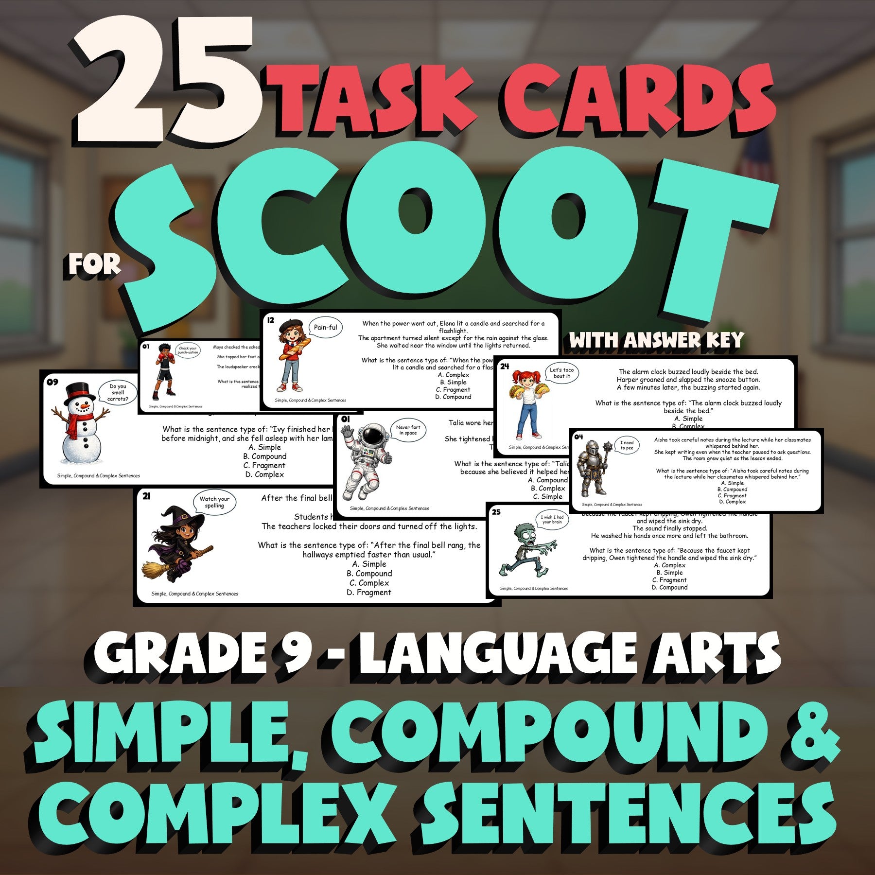 Simple, Compound & Complex Sentences SCOOT TASK CARDS ELA Game - No Prep Grade 9