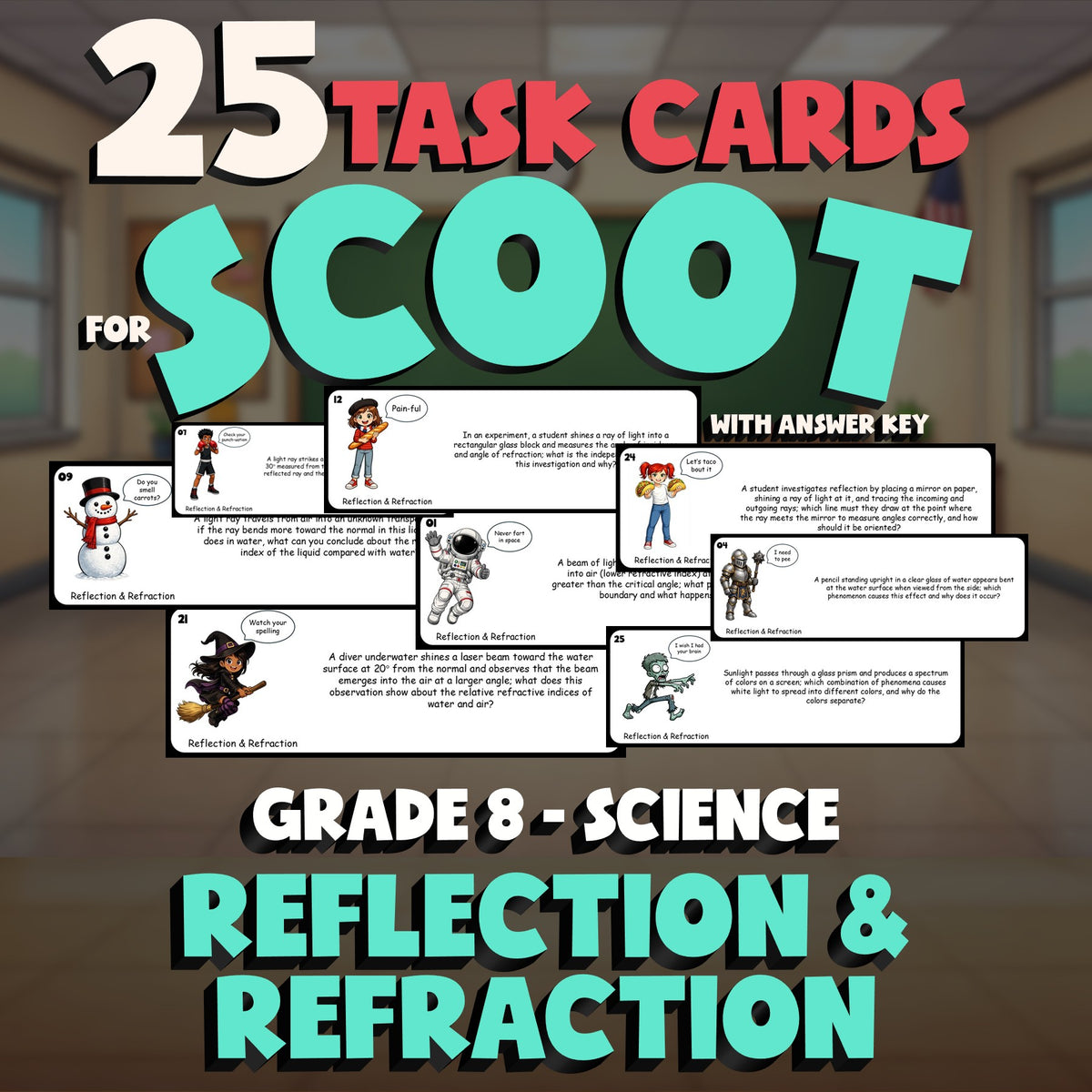 Reflection & Refraction SCOOT TASK CARDS Science Game - No Prep Grade 8 Review